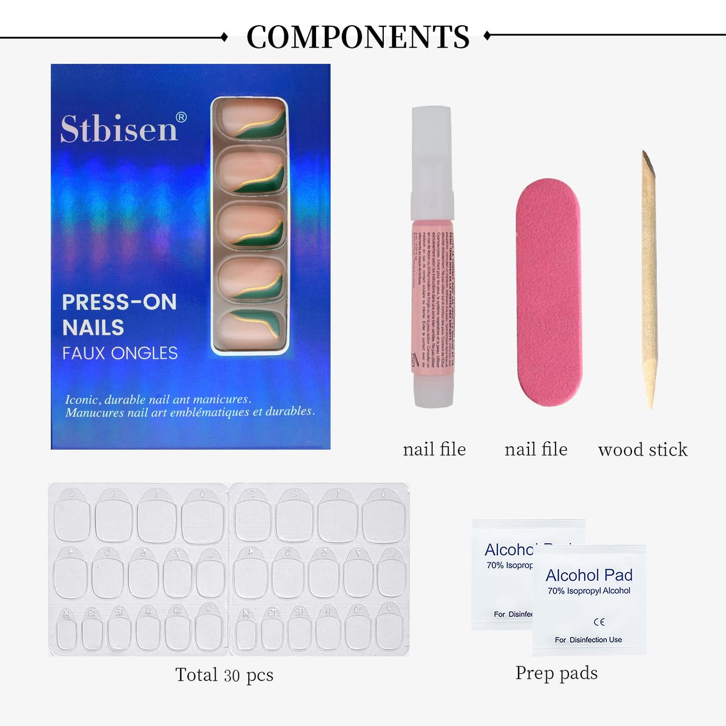 Green French Press-On Nails with Gold Wave Design, Nude Base Short Square Shape, Glossy Gel Finish, 30pcs Reusable Acrylic False Nails Kit for Women, Easy Stick-On Manicure