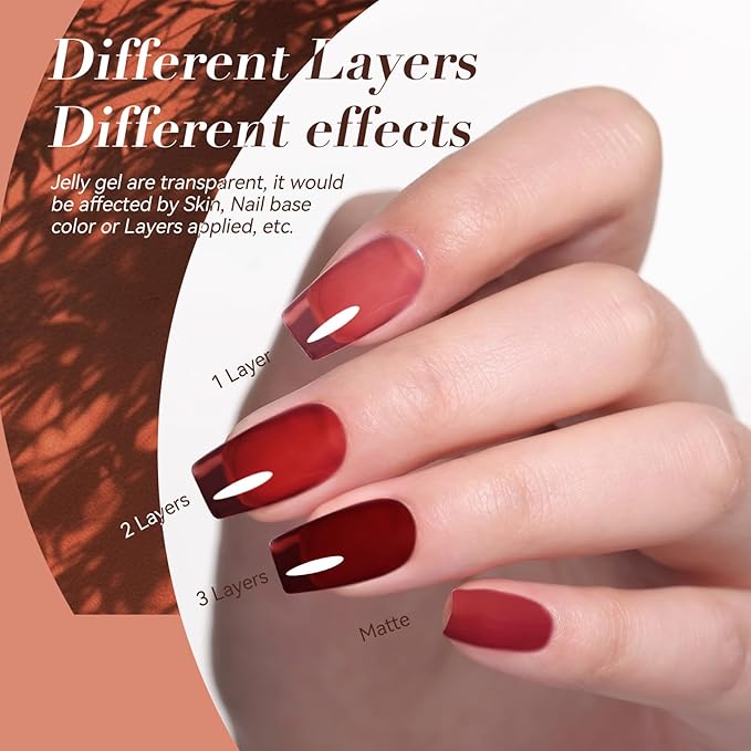 BORN PRETTY Jelly Gel Nail Polish Set,Christmas Brown Red Green Black Blue Purple Sheer Transparent Crystal Gel Nail Polish Kit Fall Winter Soak off Nail Polish for Manicure DIY Home Salon 7ML 6Colors
