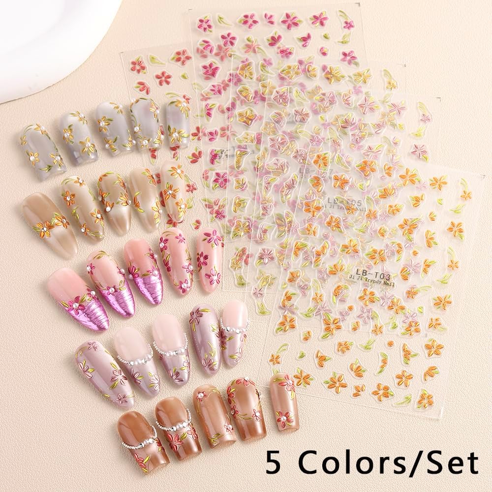 5 Sheets Bronzing Flower Nail Art Stickers Decals, Metallic Floral Leaf Plant 5D Embossed Nail Decals Self-Adhesive Nail Supplies Nail Art Design Decoration Accessories for Women and Girls