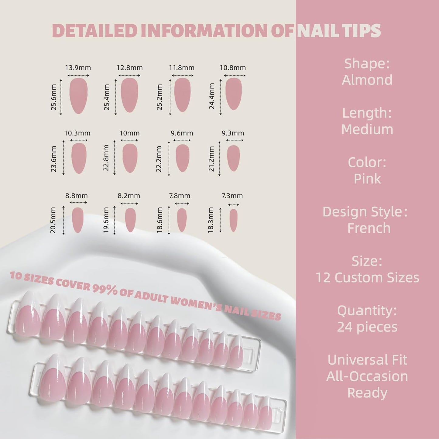Medium Almond French Pink Press on Nails – 24PCS Glossy False Nail Tips in 12 Sizes | Soft Fit Back Edge & Hard Front | Glue on Acrylic Nails for Women | Reusable & Natural Look