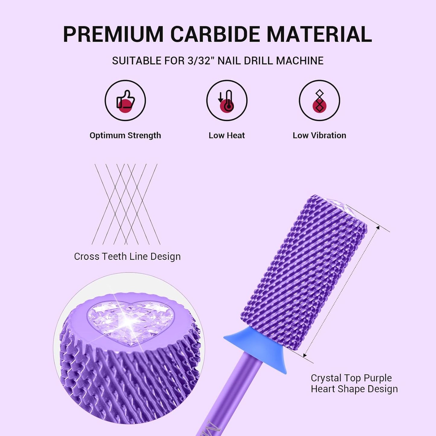 MelodySusie Large Barrel 3/32'' Tungsten Carbide Nail Drill Bit, Crystal Top Purple Heart Shape, Fast Remove Acrylic Gel, Cuticle Gel Polishing for Manicure Pedicure, Purple, Series Bit-S, Medium