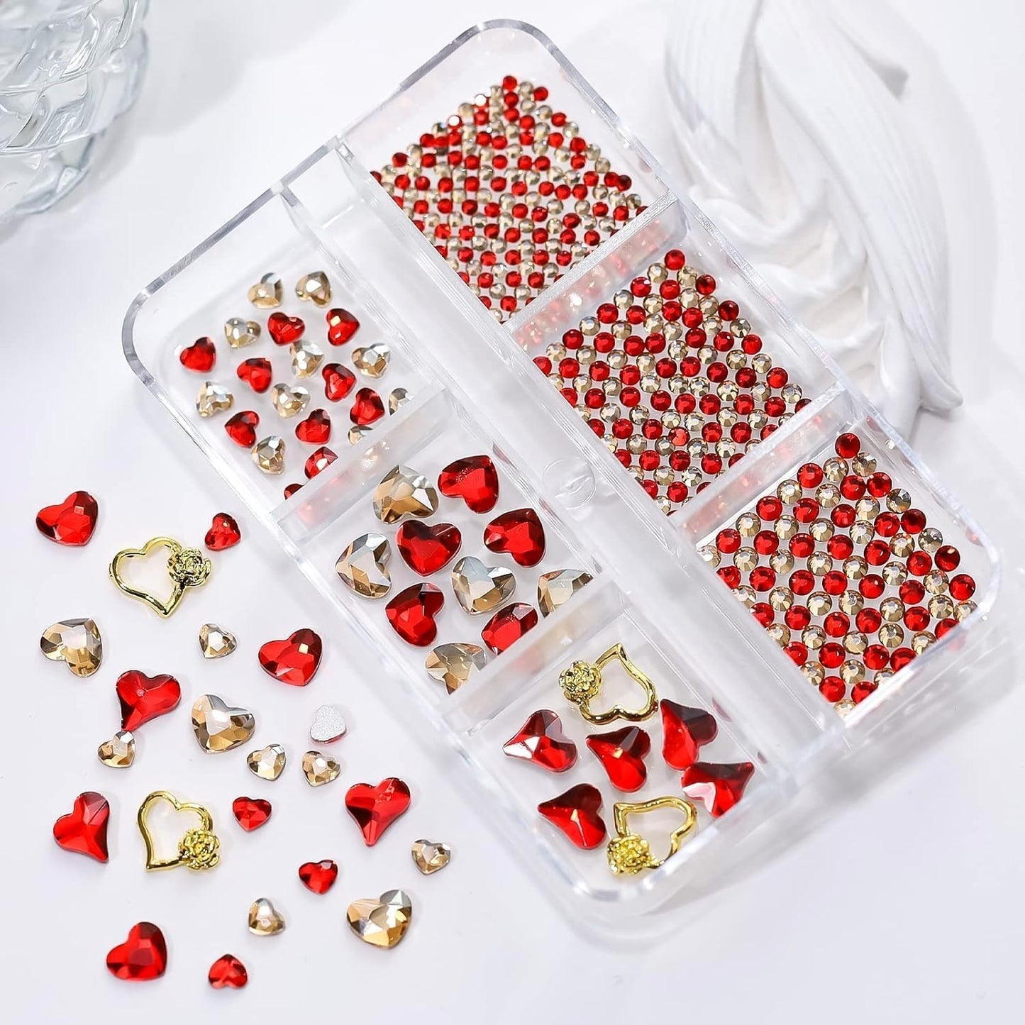 767Pcs Valentine's Day Nail Art Charms Gold Red Heart Rhinestones for Acrylic Nails Gems for Women Girls DIY Manicure Decoration