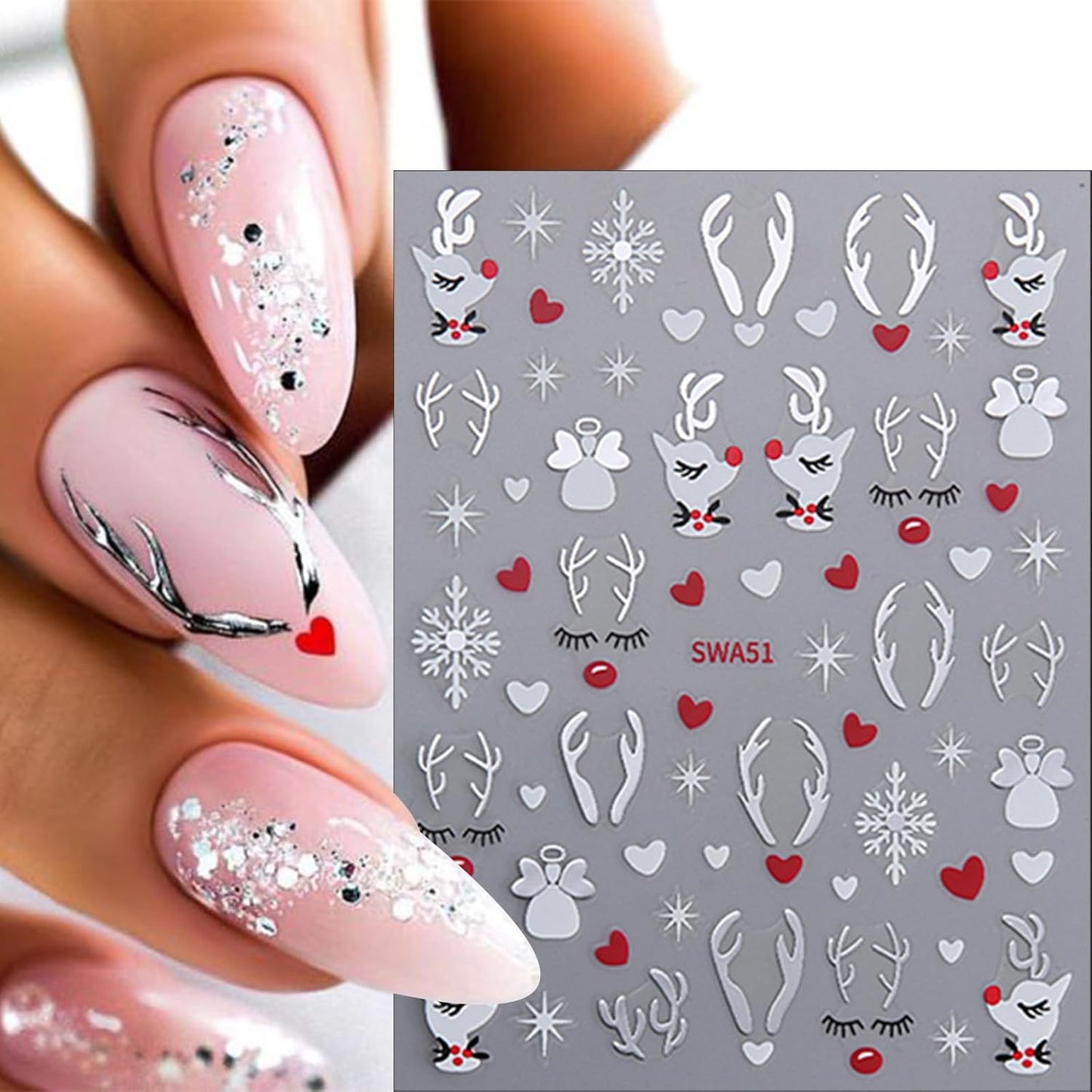 8 Sheets Christmas Nail Art Stickers 3D Self-Adhesive Hot Stamping Elk Snowflake Nail Stickers Glitter Christmas Hat Nail Decals Acrylic Nail Supplies for Women Girls DIY Manicure Decoration