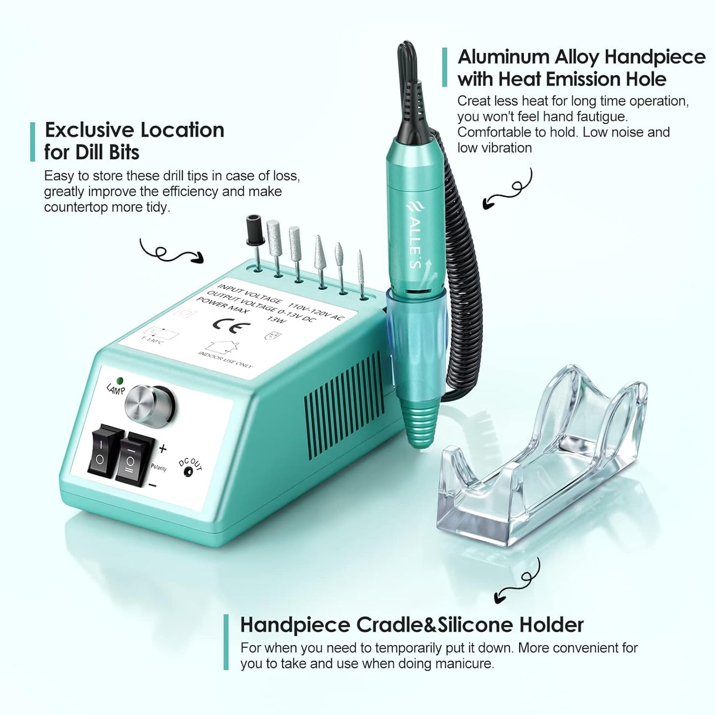 Professional Nail Drill Machine 20000 RPM Efile Electric Nail Filer Kit for Finger Toe Nails, Acrylic Gel Dip Nails, Manicure Pedicure Drill Tools with 6Pcs Nail Bits and 106Pcs Sanding Bands, Green