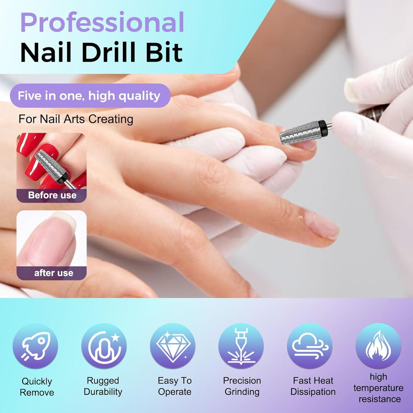 Fantexy 5 in 1 Nail Drill Bits,Professional 3/32" Shank Tungsten Steel Bits for Acrylic Nails,Manicure,Nail Art,Drill Machine,Both Left and Right Handed - Two Way Rotate Use (Extra Coarse - XC)