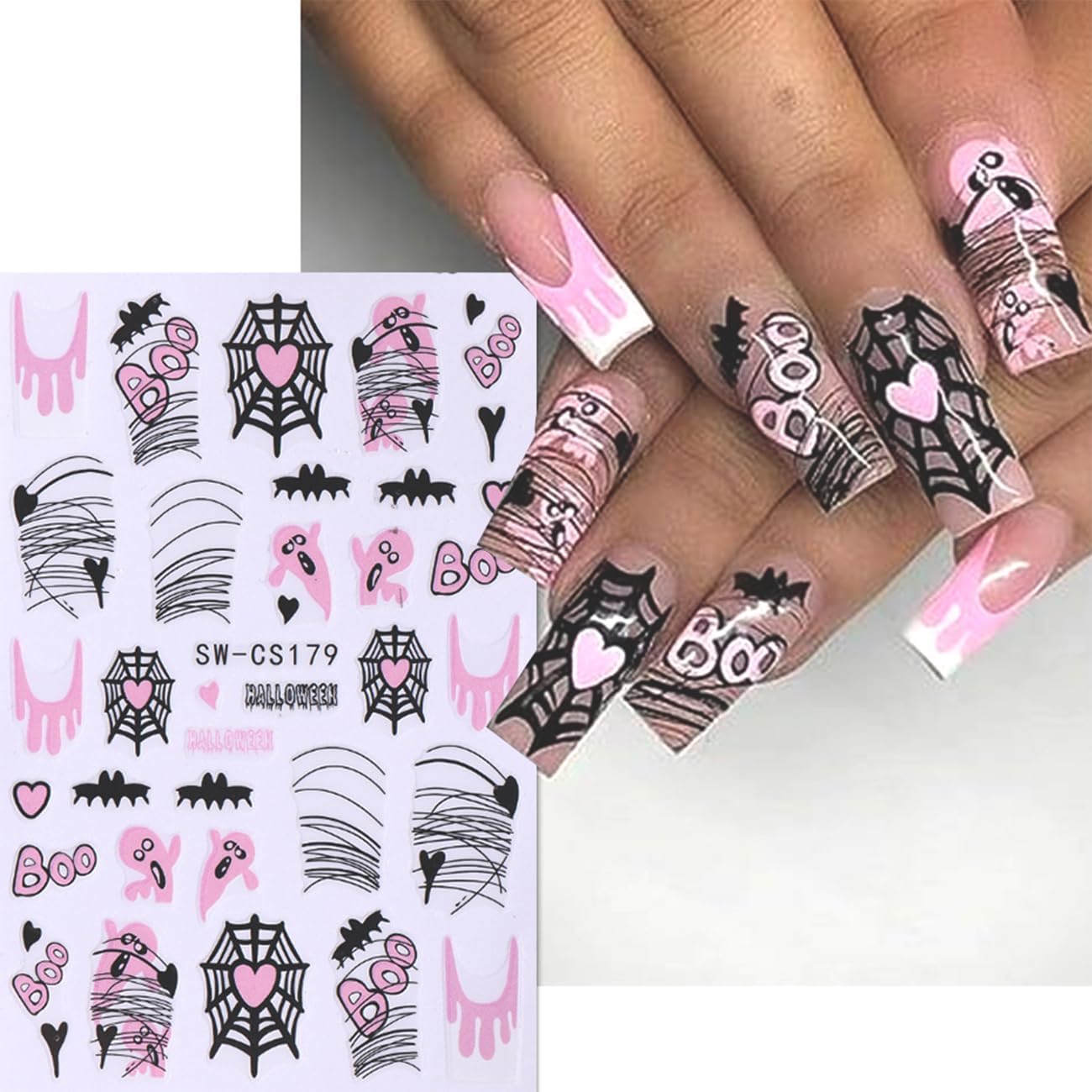 6 Sheets Halloween Nail Art Stickers,3D Cute Nail Decals White Ghost DIY Nail Tips Sticker for Halloween Party, Skull Pumpkin Star Ghost Bat Spider Web Self-Adhesive Designs Manicure Decorations