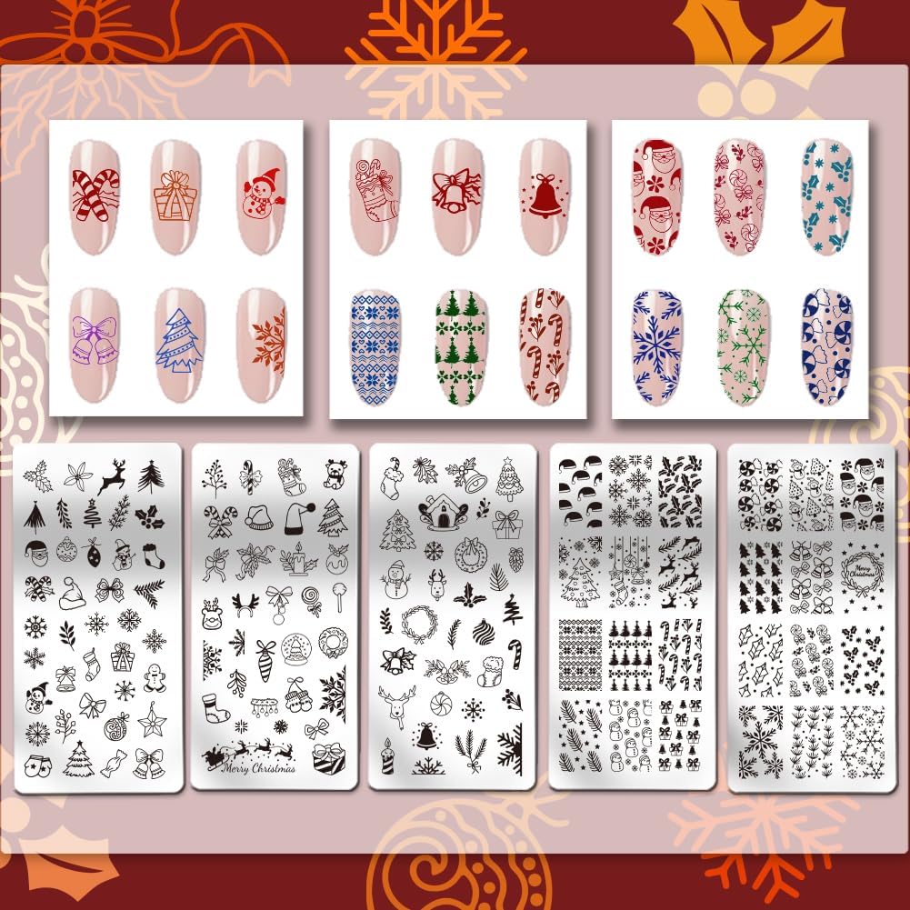 PH PandaHall 5pcs Christmas Nail Stamping Plate 128 Pattern Reindeer Snowman Snowflake Bell Nail Stencils Nail Art Stamping Plate Stainless Steel Print Nail Stencil for Nail Art Design Manicure Salon