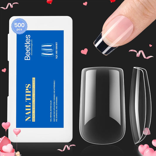 Beetles Gel Nail Tips, 500Pcs Short Square Gel Nail Tips Clear Full Cover False Nails Tips Press on Nails for Nail Art Design Easy Nail Extensions Kit