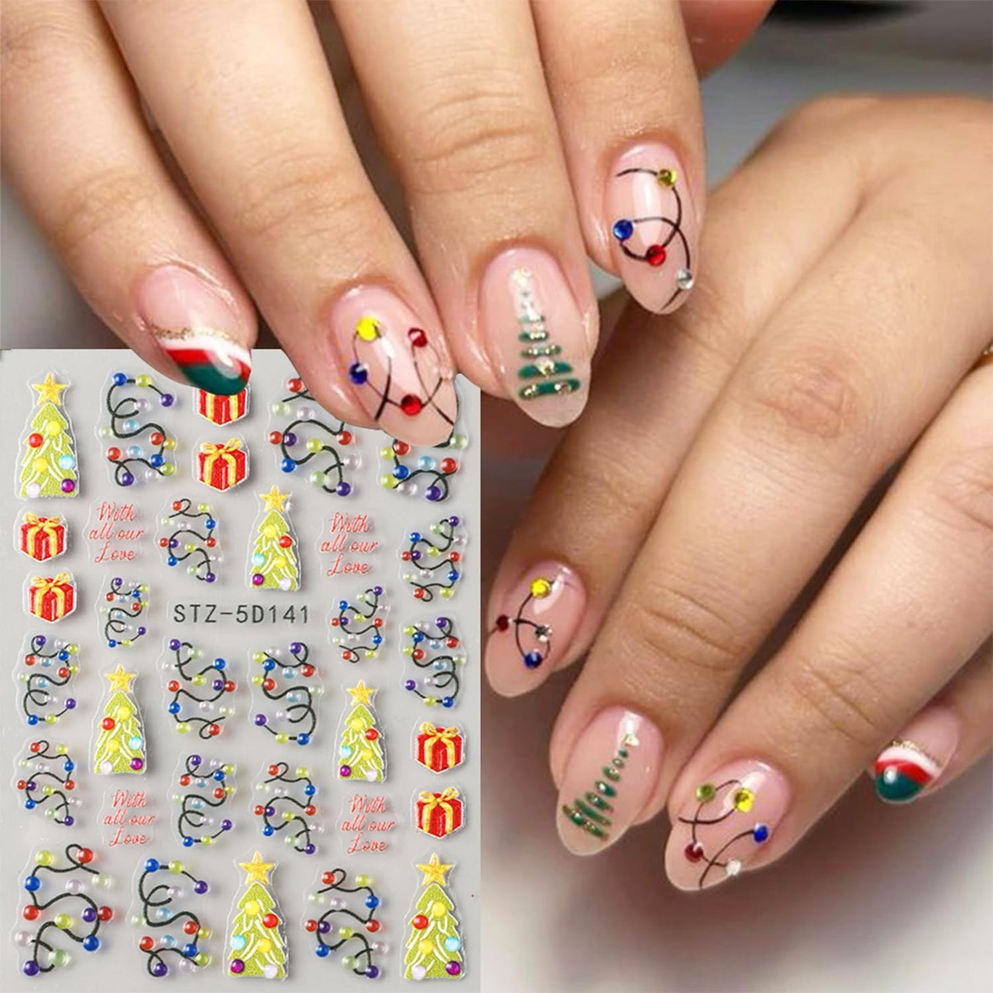 2 Sheets Embossed Christmas Nail Stickers for Nail Art New Year Colorful Light Strips Nail Art Stickers Winter Christmas Tree Nail Decals 5D Self-Adhesive Xmas Gift Box Nail Decoration for Women