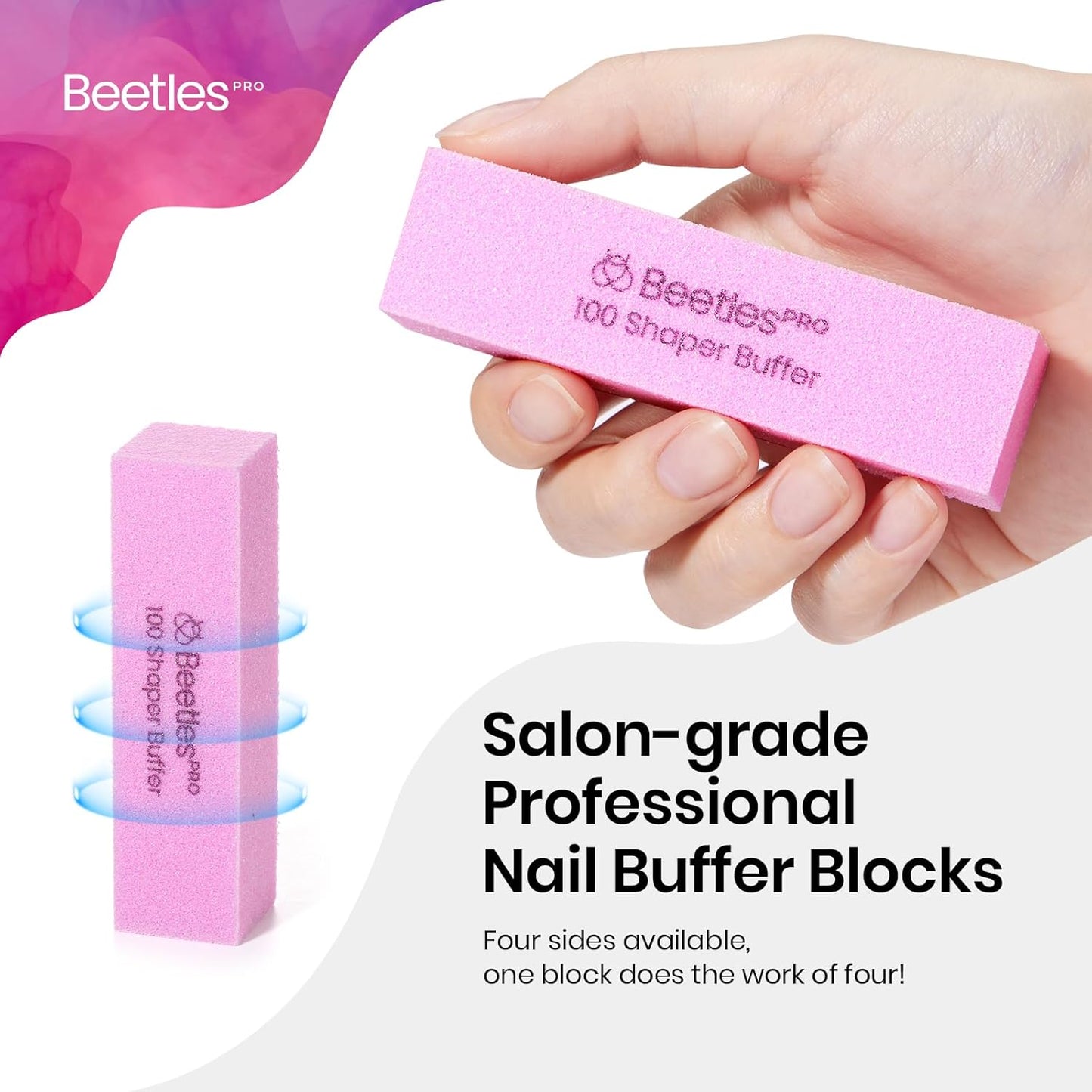 Beetles Nail Buffer Sanding Block, 50 Pcs 100 Grit Polisher Buffing File 4 Sides Nail Files Pink Art Pedicure Manicure File