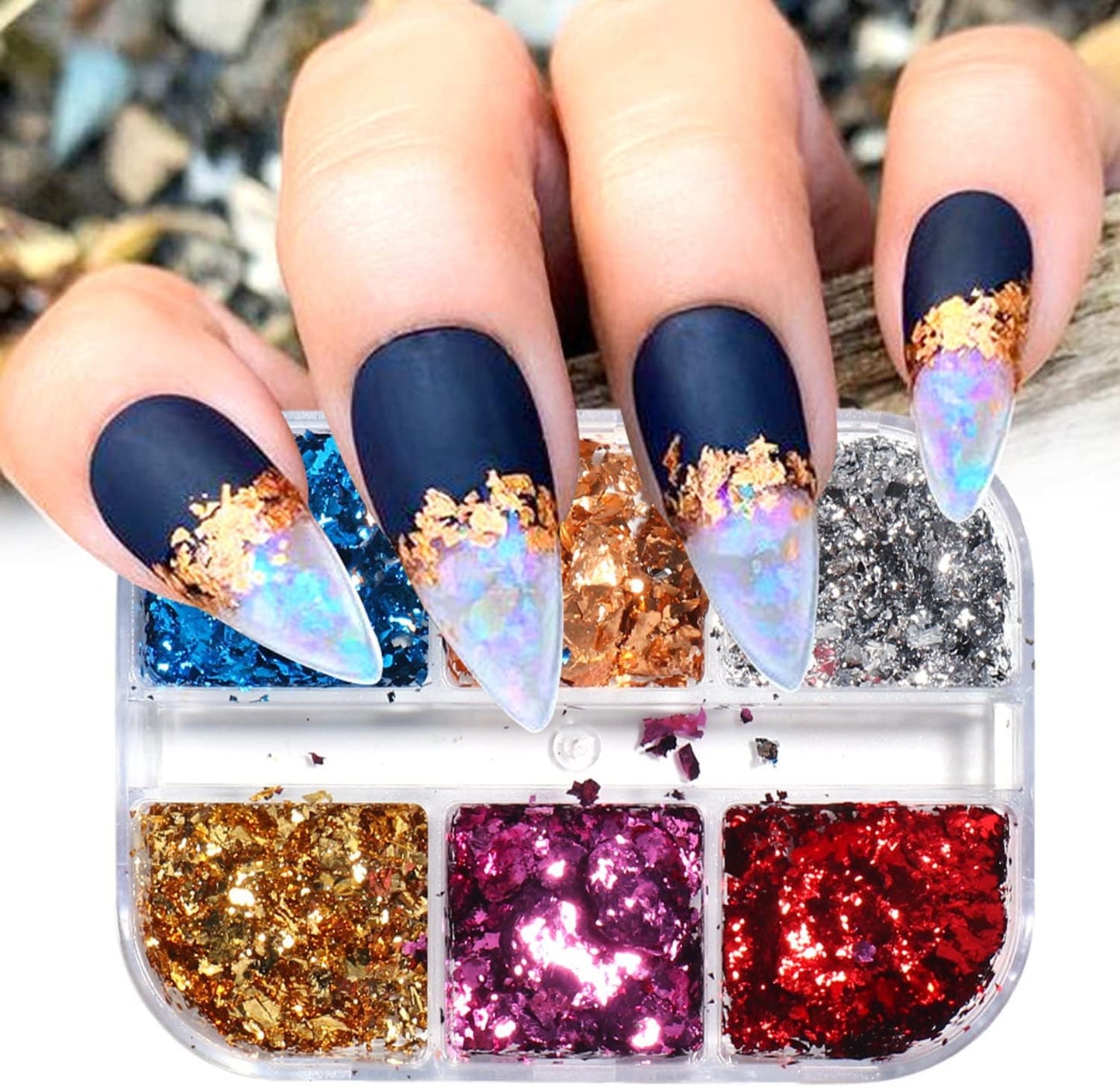 Nail Art Foil Glitter Flakes, Holographic Ultra-Thin Aluminum Foil Sequins Design, Metallic 3D Sparkly Nail Foils Acrylic Supplies for Women Girls Manicure Shiny Decorations, Gold Foil Nail Art Tips
