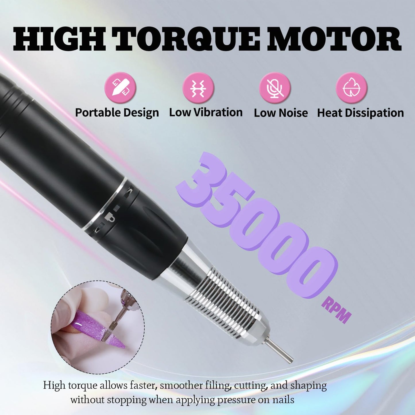 Electric Nail Drill Machine 35000RPM Professional Portable Nail File Cordless Rechargeable Nail Efile for Acrylic Gel Nails Manicure Pedicure Polishing Shape Tools for Salon (Black)