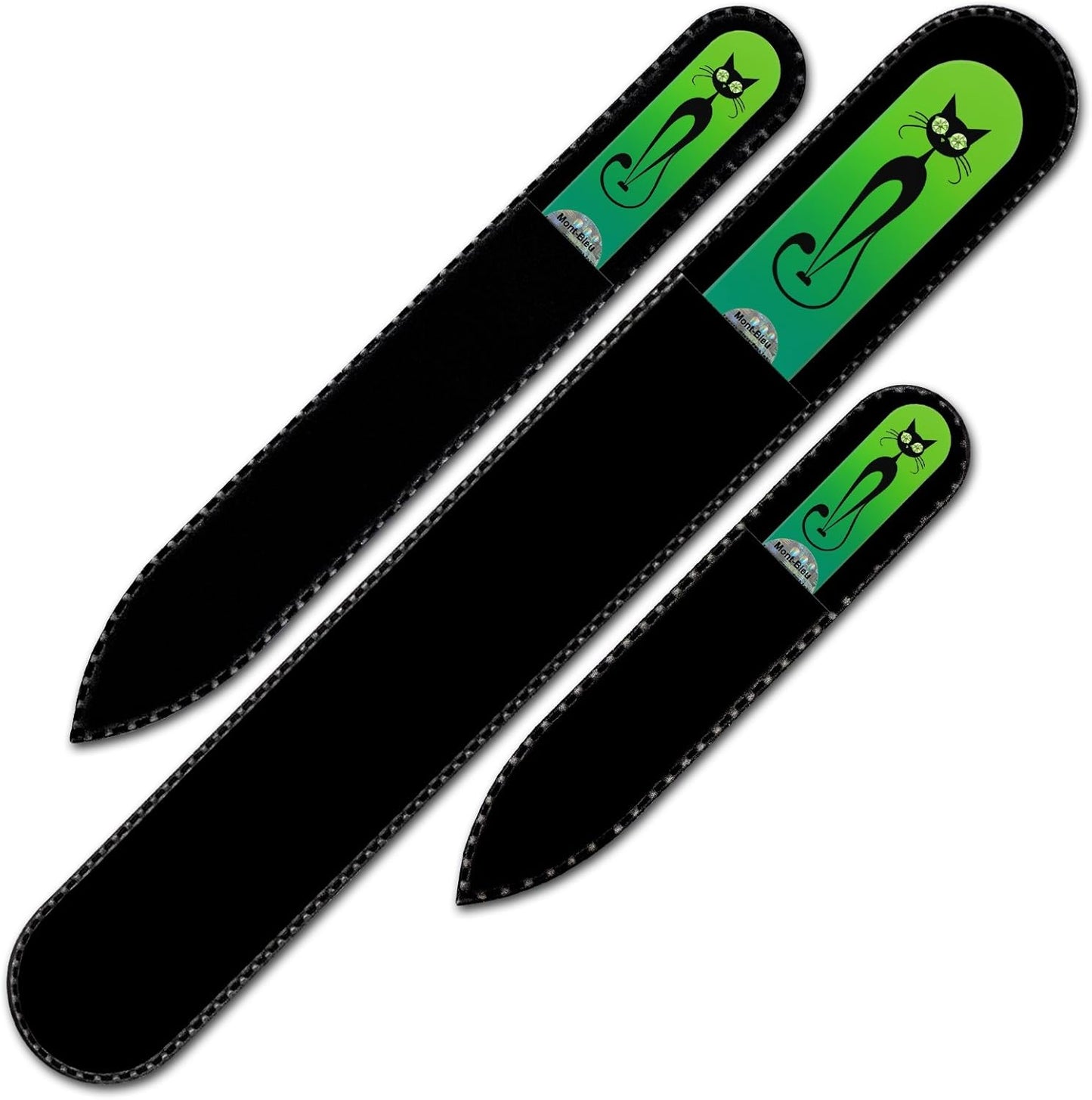 Mont Bleu Set of 3 Cats Crystal Nail Files hand decorated with crystals from Swarovski - Handmade - Czech Tempered Glass - Lifetime Guaranty - Excellent Nail Filing Tools - Premium Glass Nail File