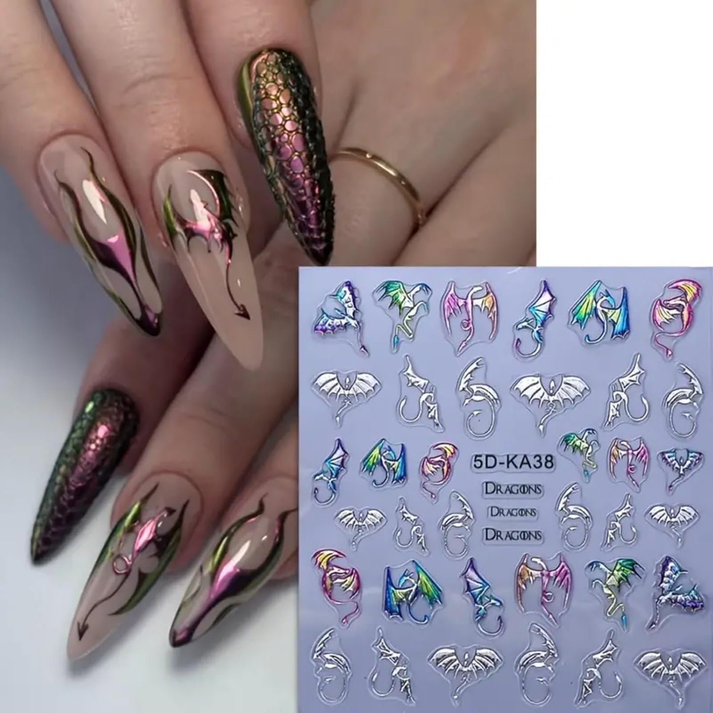 Halloween Bat Nail Art Stickers 5D Embossed Colorful Silver Bats Dragon Nail Decals Self-Adhesive Laser Gothic Dragons Nail Designs Manicure Sliders Halloween Nail Supplies for Women Nail Decor, 2PCS