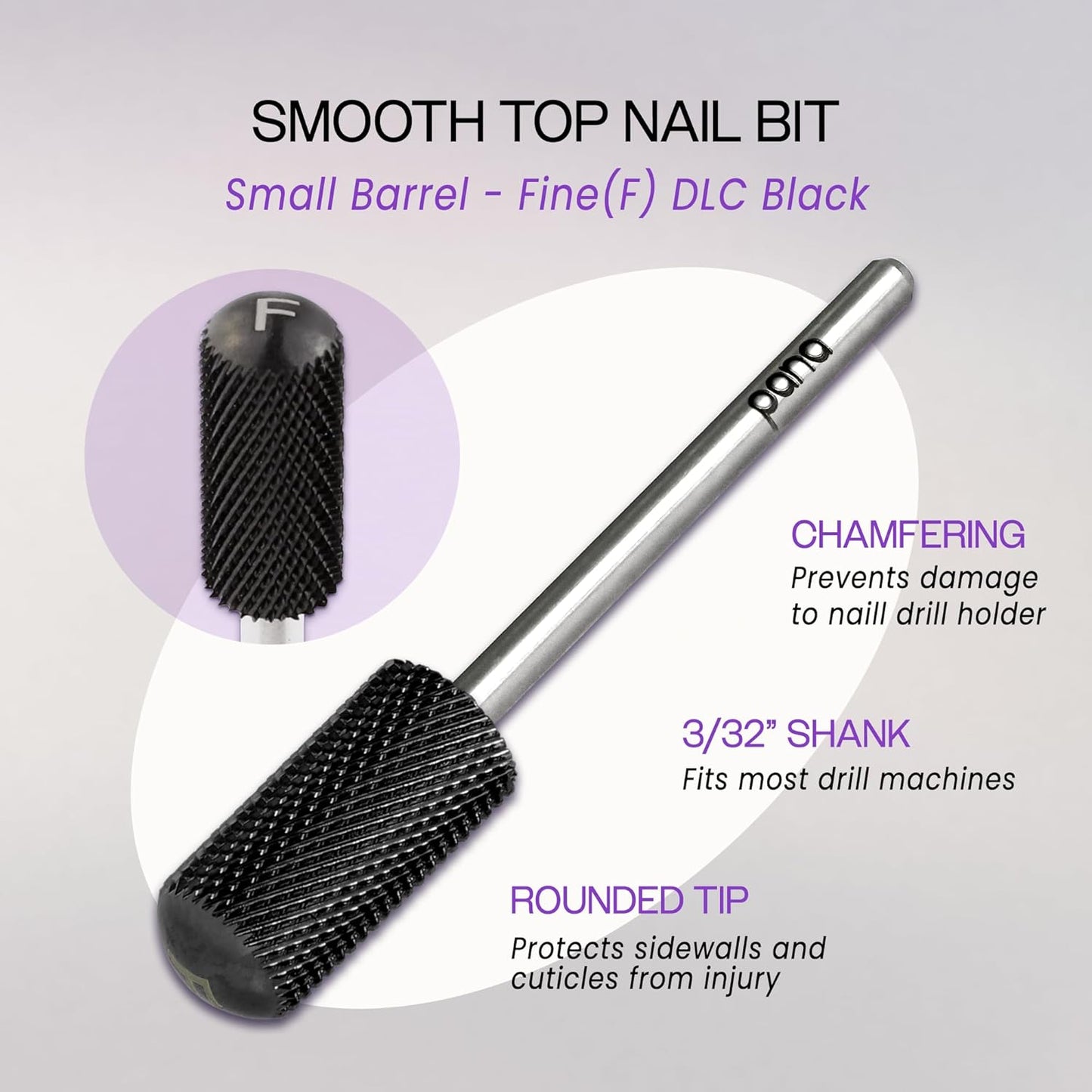 PANA 3/32" Small Smooth Round Top Safety Carbide Nail Drill Bit for Gel Polish & Acrylic Removal Nail Salon Manicure Pedicure Electric File Tools (Small Barrel - DLC Black, Fine)