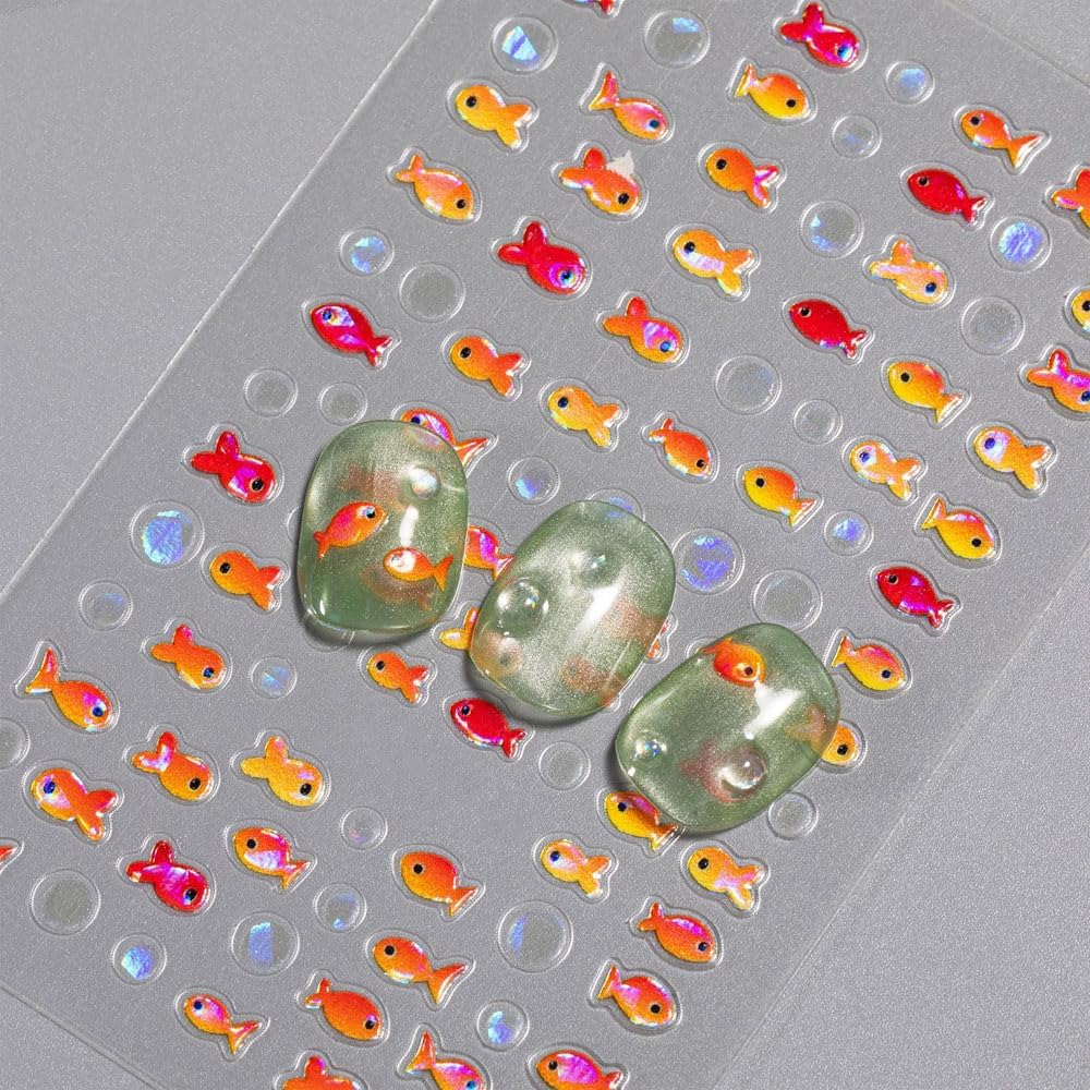 2 Sheets Red Fish Nail Art Stickers, 5D Embossed Jelly Bubble Goldfish Nail Decals Self Adhesive Koi Fish Design Manicure Sticker for Women Girls Summe Nail Accessories