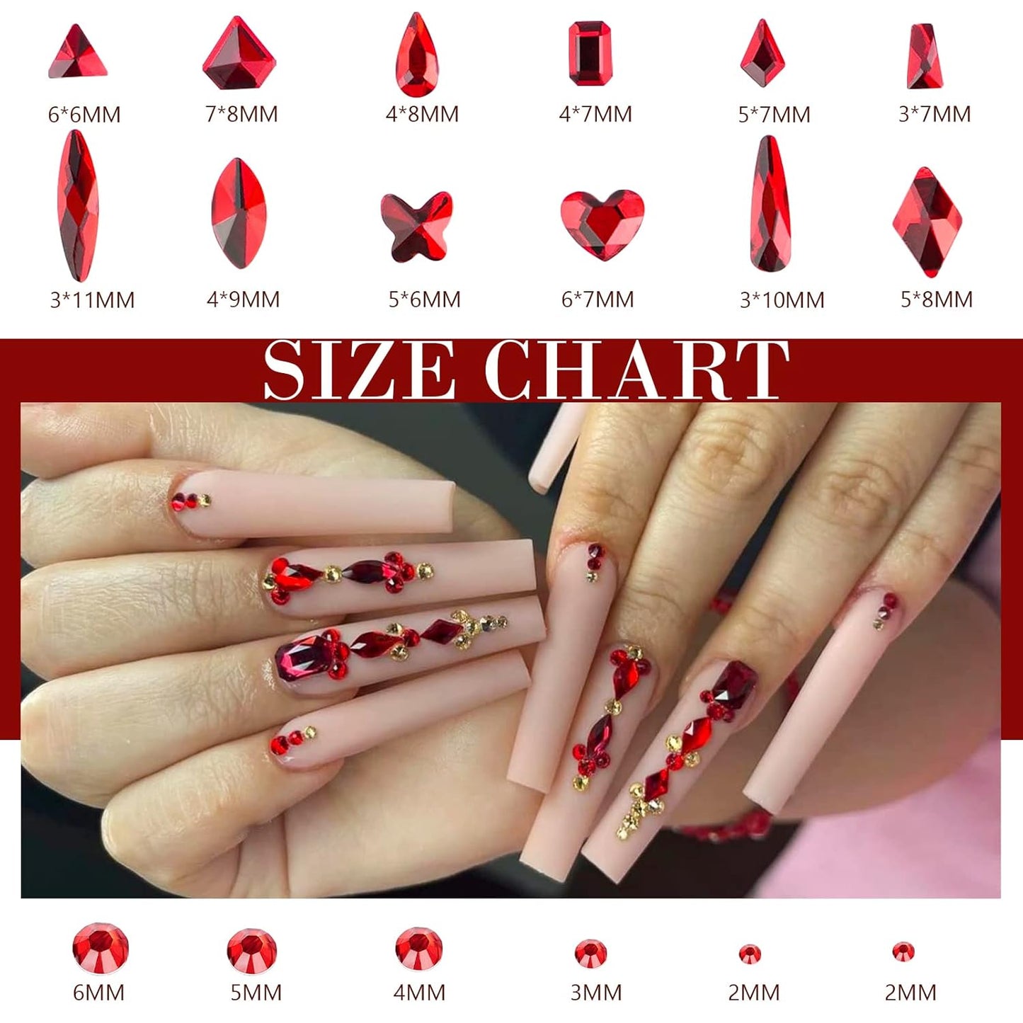Canvalite 2518Pcs Nail Rhinestones Gems, 12 Styles 3D Glass Red Crystals Charms Shiny Multi Shape Flatback Rhinestones with Gems Picker and Tweezers for DIY Nail Art