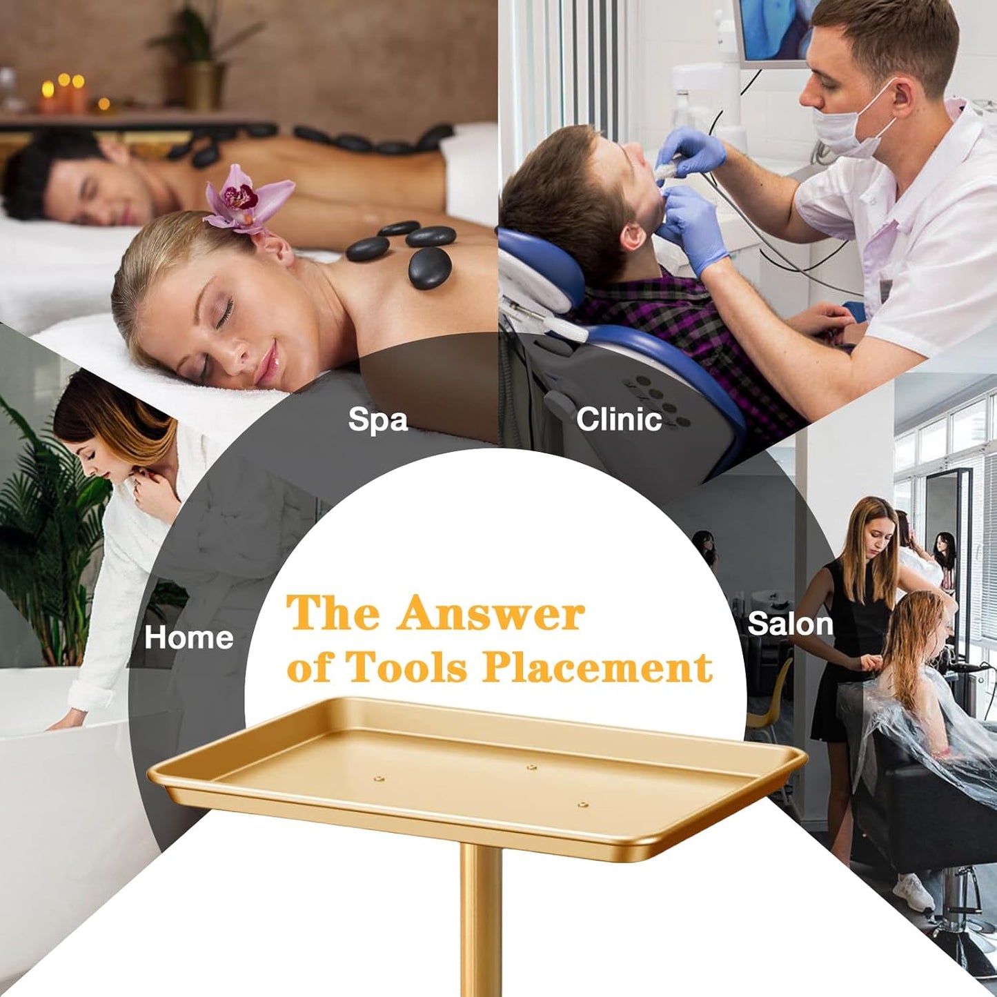 Salon Tray, Gold Salon Rolling Tray, Height-Adjustable, Also Use as Tattoo Tray and Dental Tray（Golden）