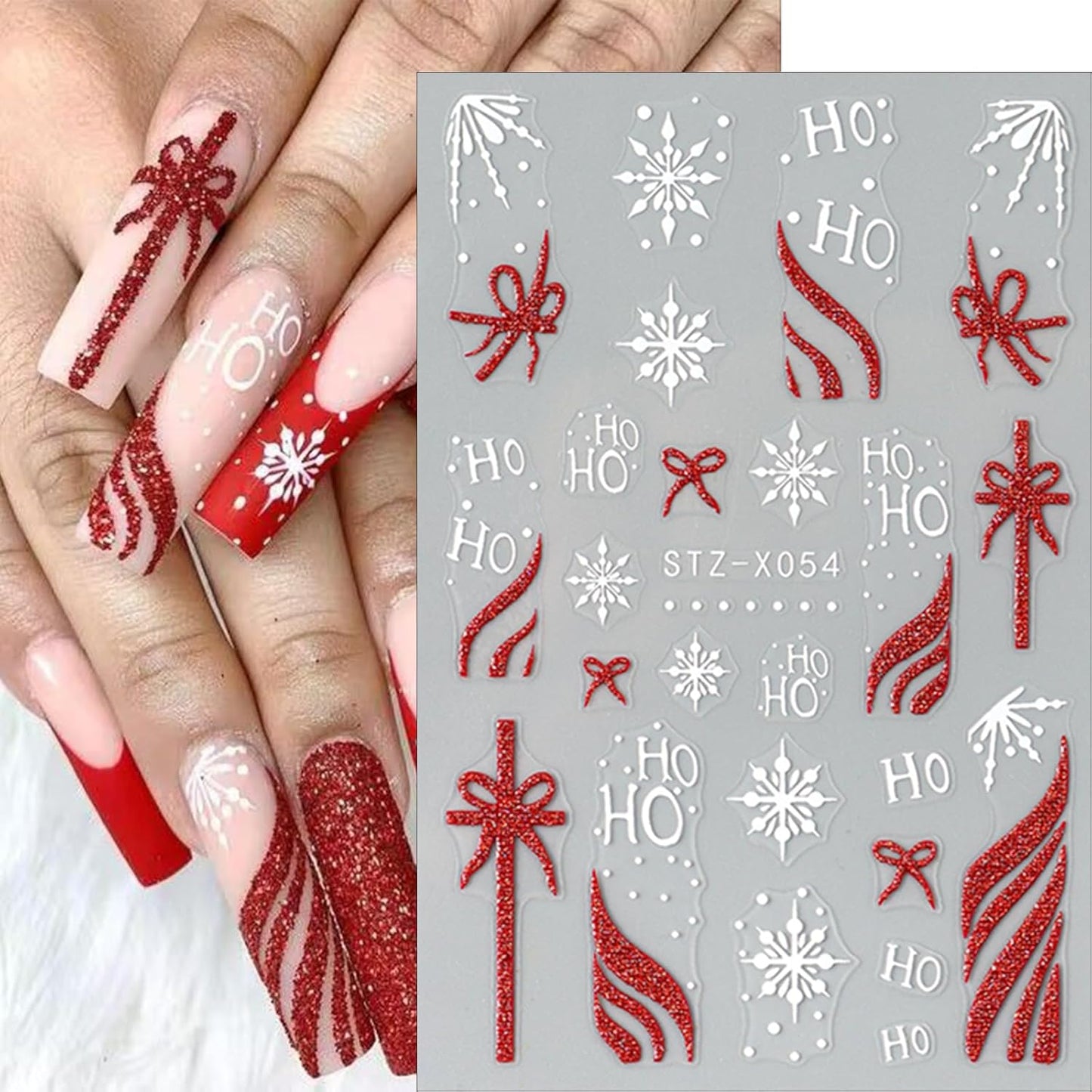 6 Sheets Christmas Hat French Nail Art Stickers 3D Christmas Snowflake Gift Bow Nail Decals Self-Adhesive Glitter Stripe Nail Stickers Winter Xmas Nail Design for Women Girls Manicure Decoration