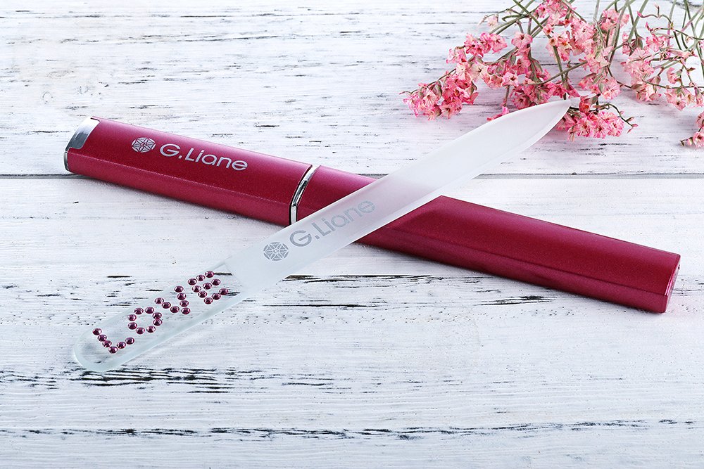 Glass Manicure File with Austria Crystals Shape and Smooth Nail File Tool with Case Best for Gentle & Safe Nail Care Kit for Beautiful Fingernails(Pink Love)