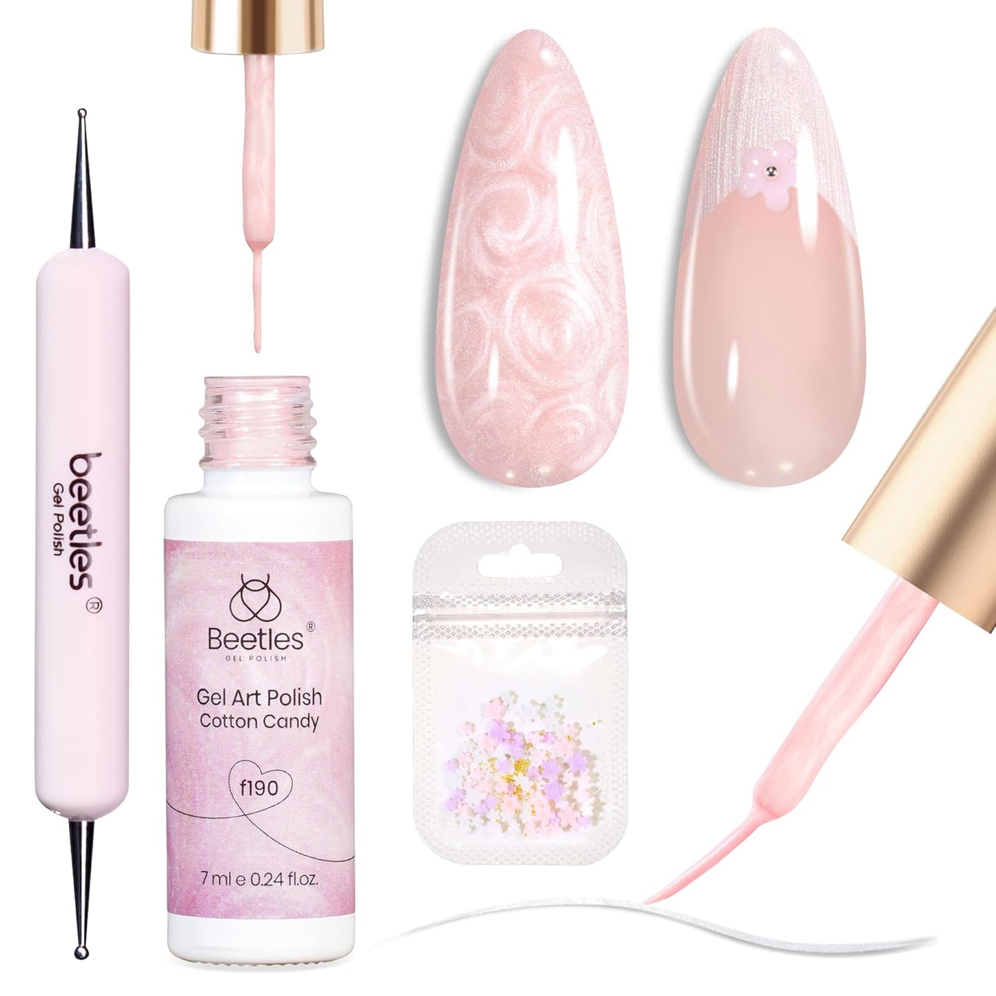 Beetles Pearl Pink Gel Liner Nail Polish,Soak Off Uv Led Pearl Gel Nail Polish Drawing Valentine Gel Polish Cotton Candy Pearlescent Swirl Gel Art Paint with Dotting Pen and Nail Charms
