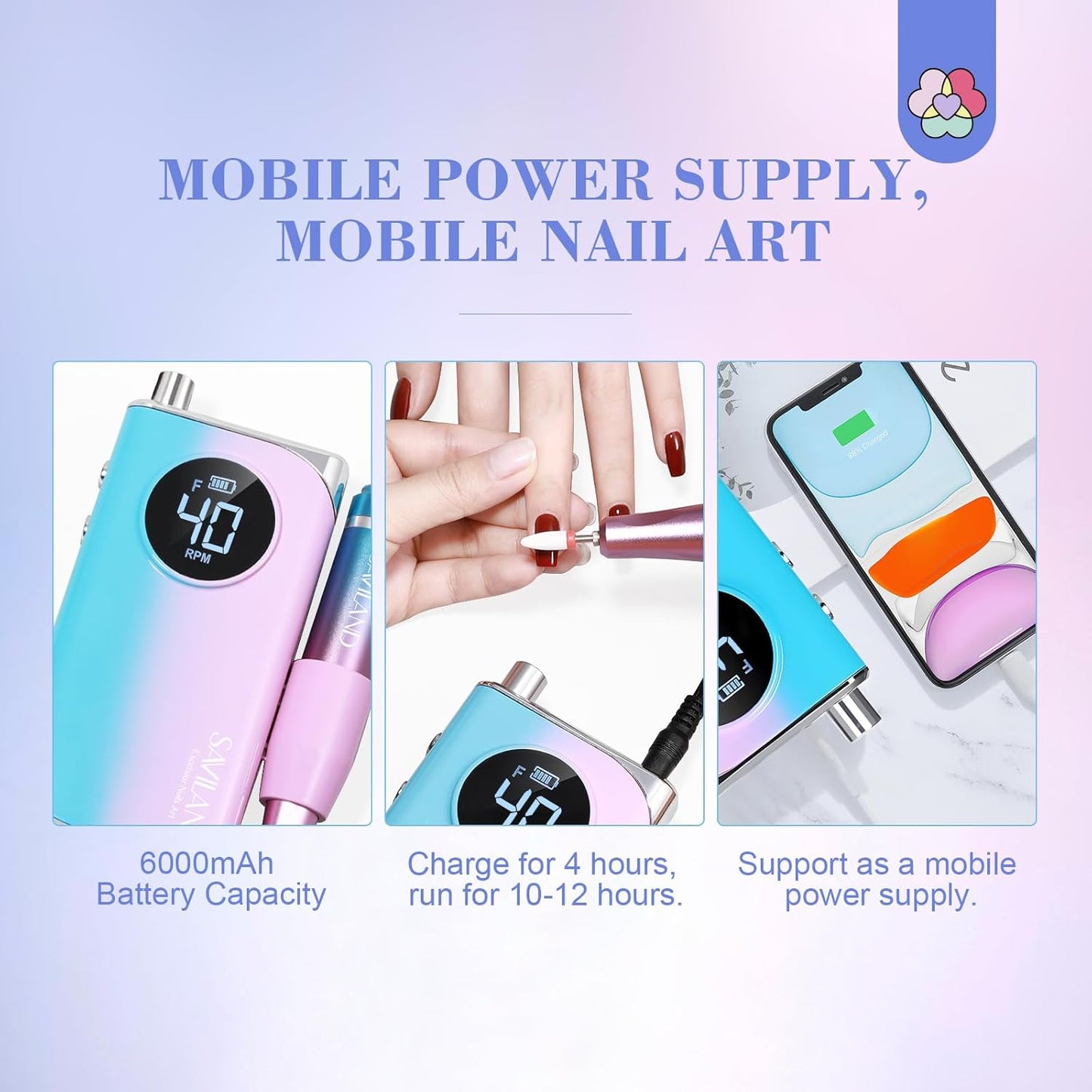 SAVILAND Electric Nail Drill 40000RPM Nail Drill Professional Machine with Nail Kit Portable Electric Nail File Electric for Nail Supplies Rechargeable Manicure Pedicure Salon Home