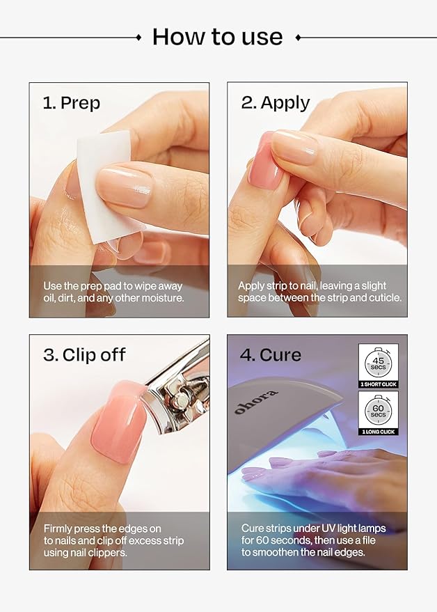 ohora Semi Cured Gel Nail Strips (N Almond Blossom) - Nude, Patterned, Works with Any UV/LED Lamps, Salon-Quality, Long Lasting, Easy to Apply & Remove - Includes 2 Prep Pads, Nail File & Wooden Stick