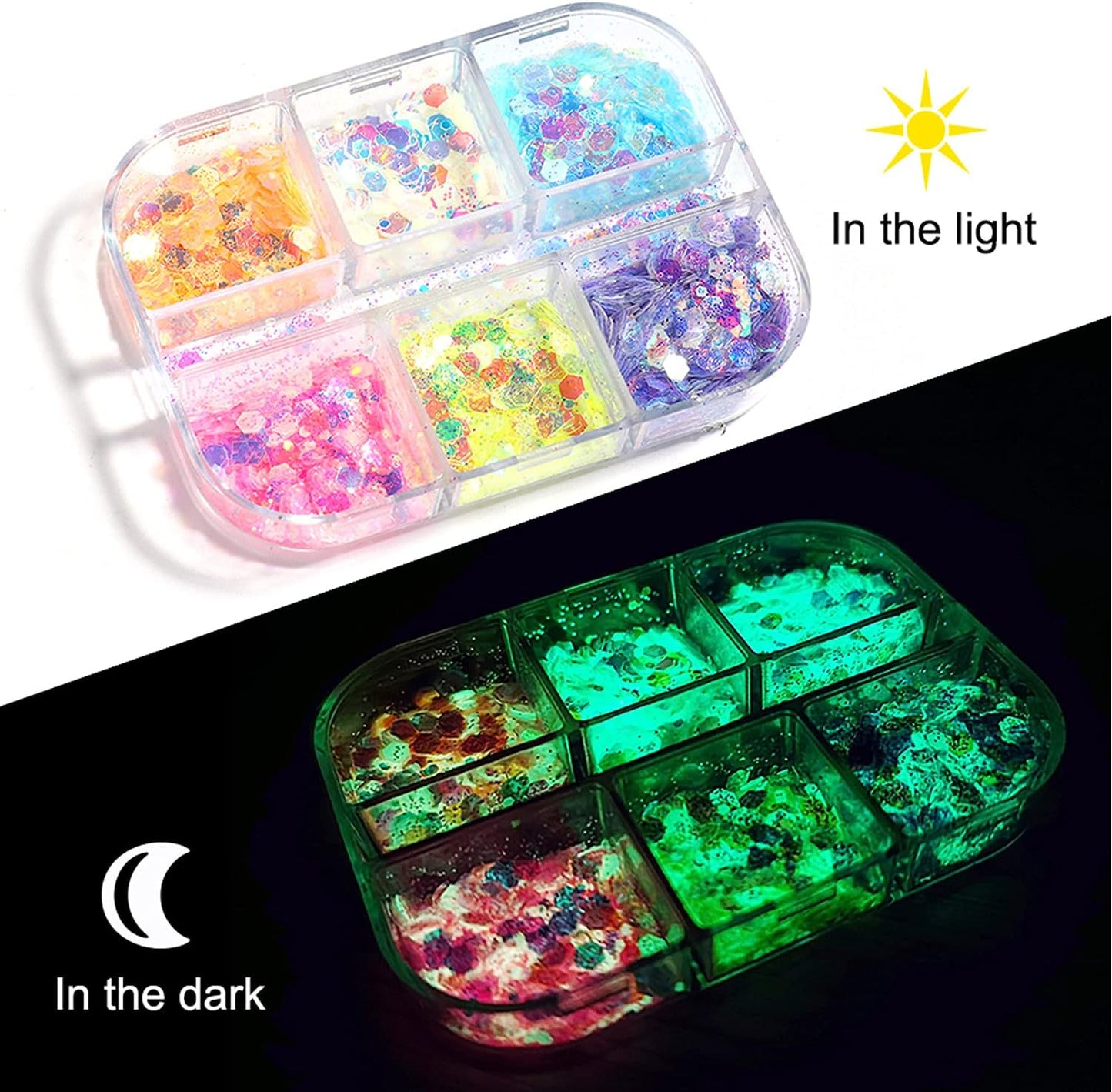 Luminous Nail Glitter Sequins Fluorescent Iridescent Mixed Hexagon Flakes Decoration Holographic 3D Glow Ultra-Thin Confetti Nails Supplies for Women Girls Manicure Tips DIY Crafts Makeup (6 Colors)
