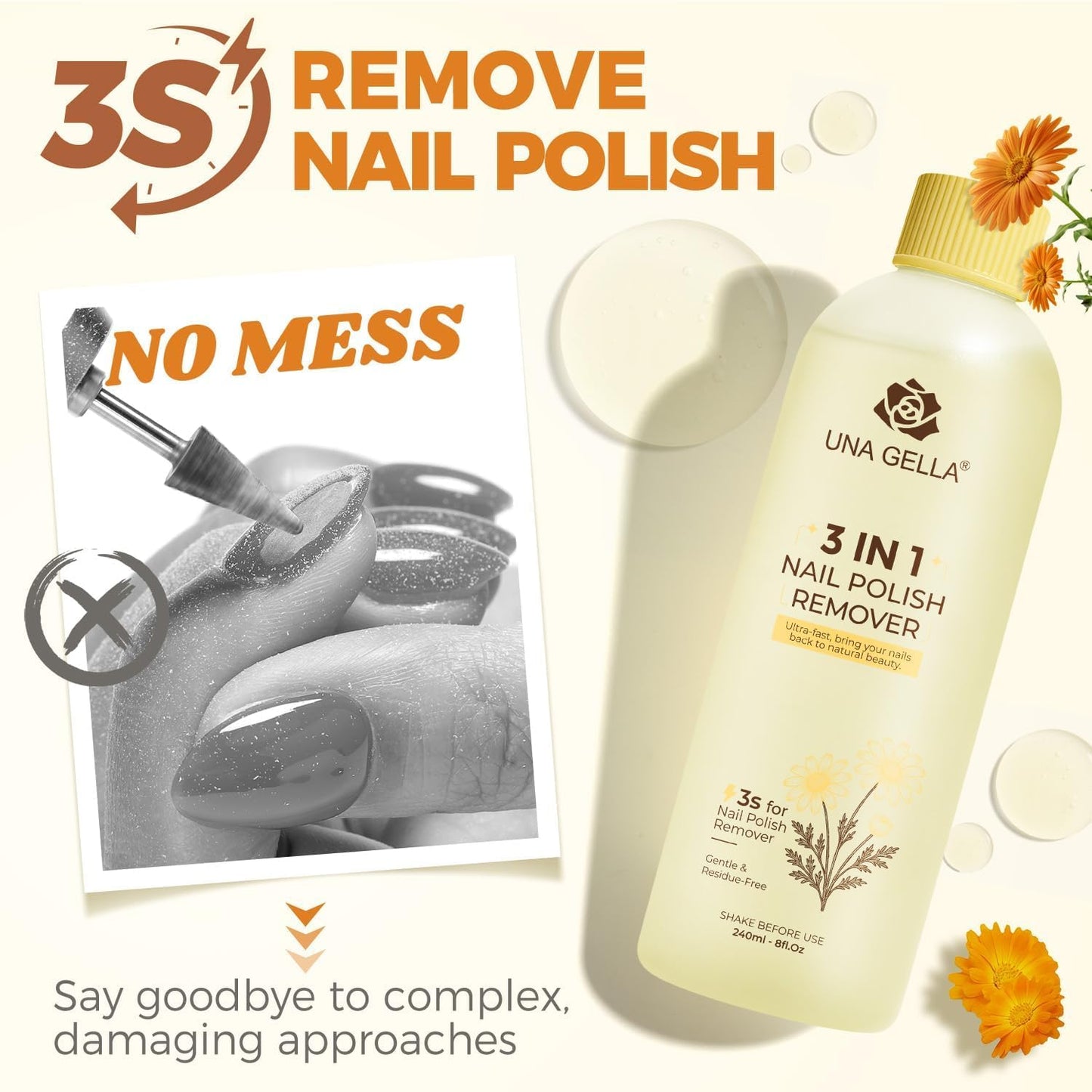 UNA GELLA Acetone Nail Polish Remover, Soak Off Gel Nails Polish Remover With Easy Use Cap, Healthy Formula Works For Nail Glue 8 Fl Oz, Calendula Scent