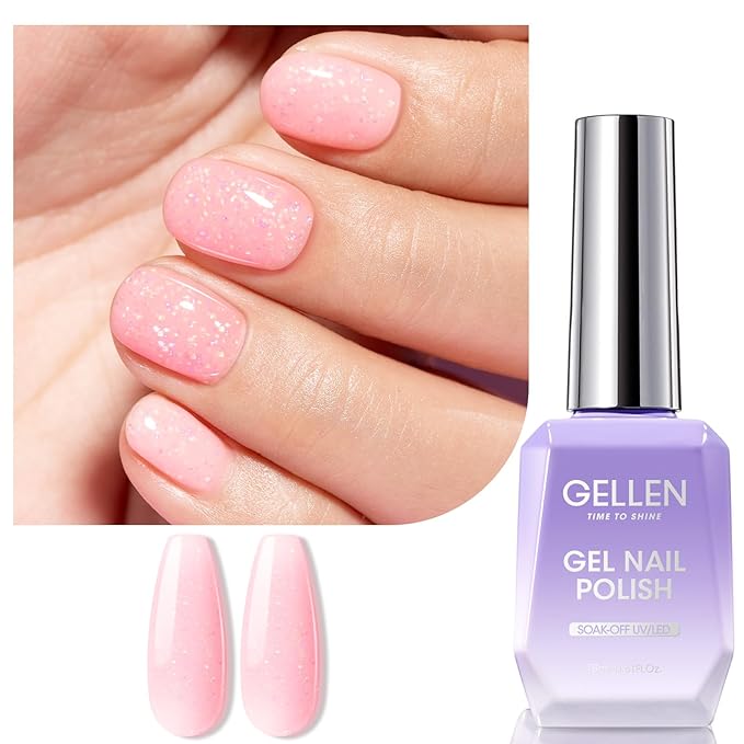 Gellen Baby Pink Gel Nail Polish, 18ml 1092 Glitter Pink Nail Gel Polish U V Light Cure Soak Off Gel for Spring Summer Dating
