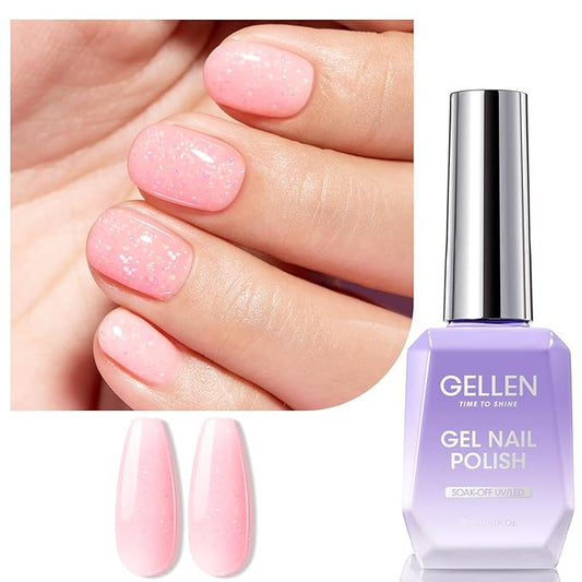 Gellen Baby Pink Gel Nail Polish, 18ml 1092 Glitter Pink Nail Gel Polish U V Light Cure Soak Off Gel for Spring Summer Dating