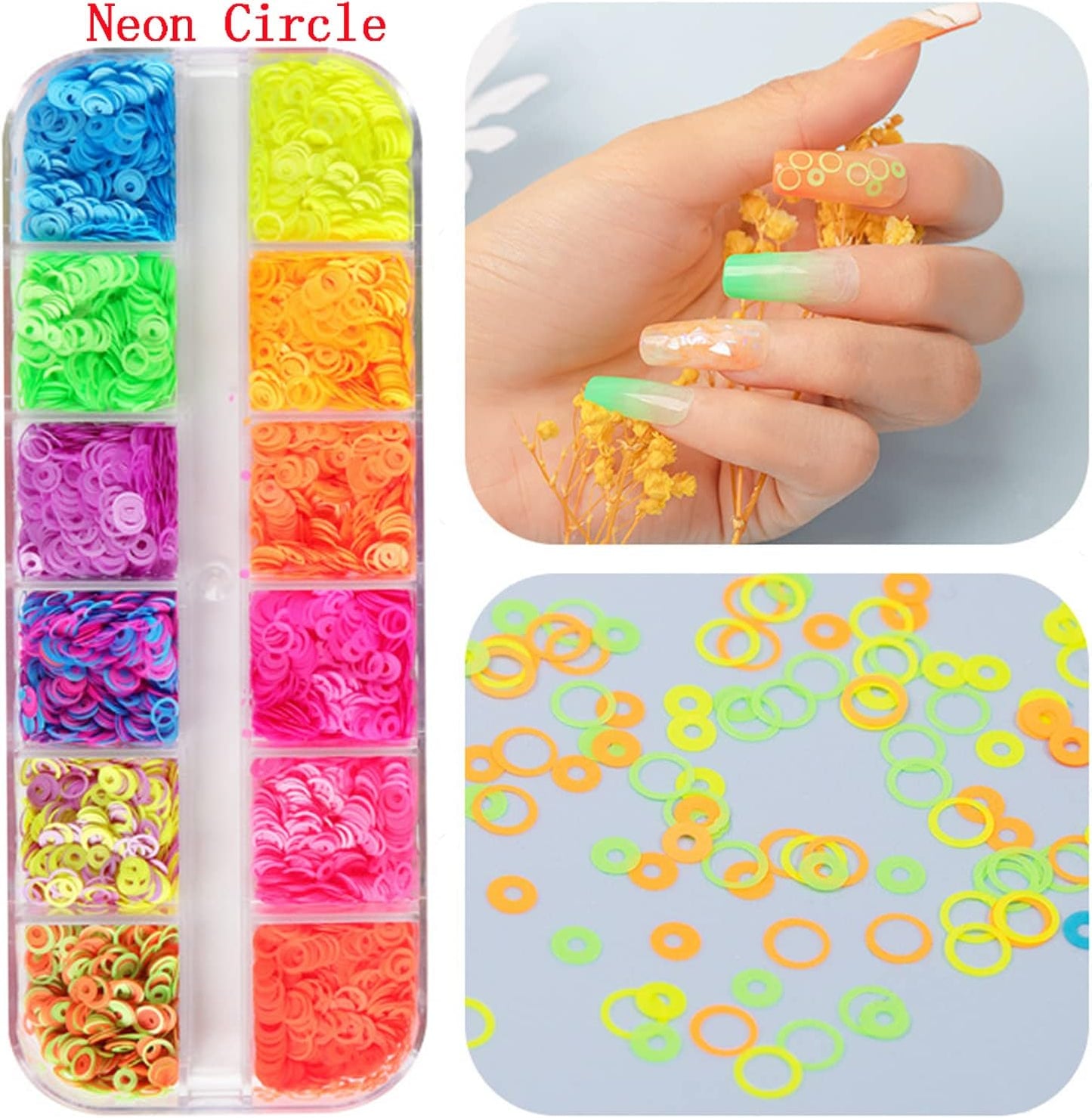 Circle Glitter Nail Art Sequins, 3D Hollow Circle Shape Glitters Flakes, Holographic Fluorescent Laser Shiny Round Nail Supplies for Women Girls Manicure Charms Decorations DIY Resin Nail Art Tips
