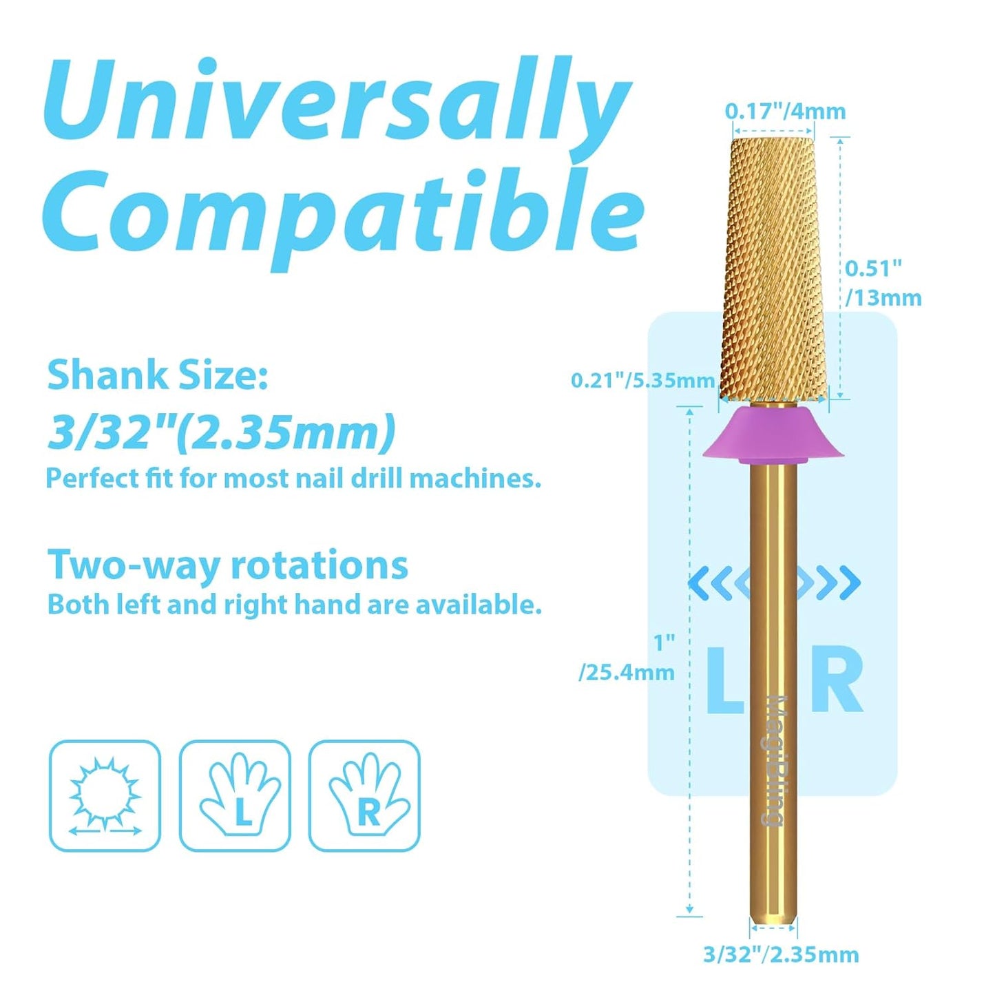 Tungsten Carbide Cross Cut Small Tapered Barrel Nail Drill Bits, Professional 3/32'' Safety Bits, Both Hands Use, Remove Gel Fast, Manicure Pedicure Cuticle Gel Polishing, Double Fine.
