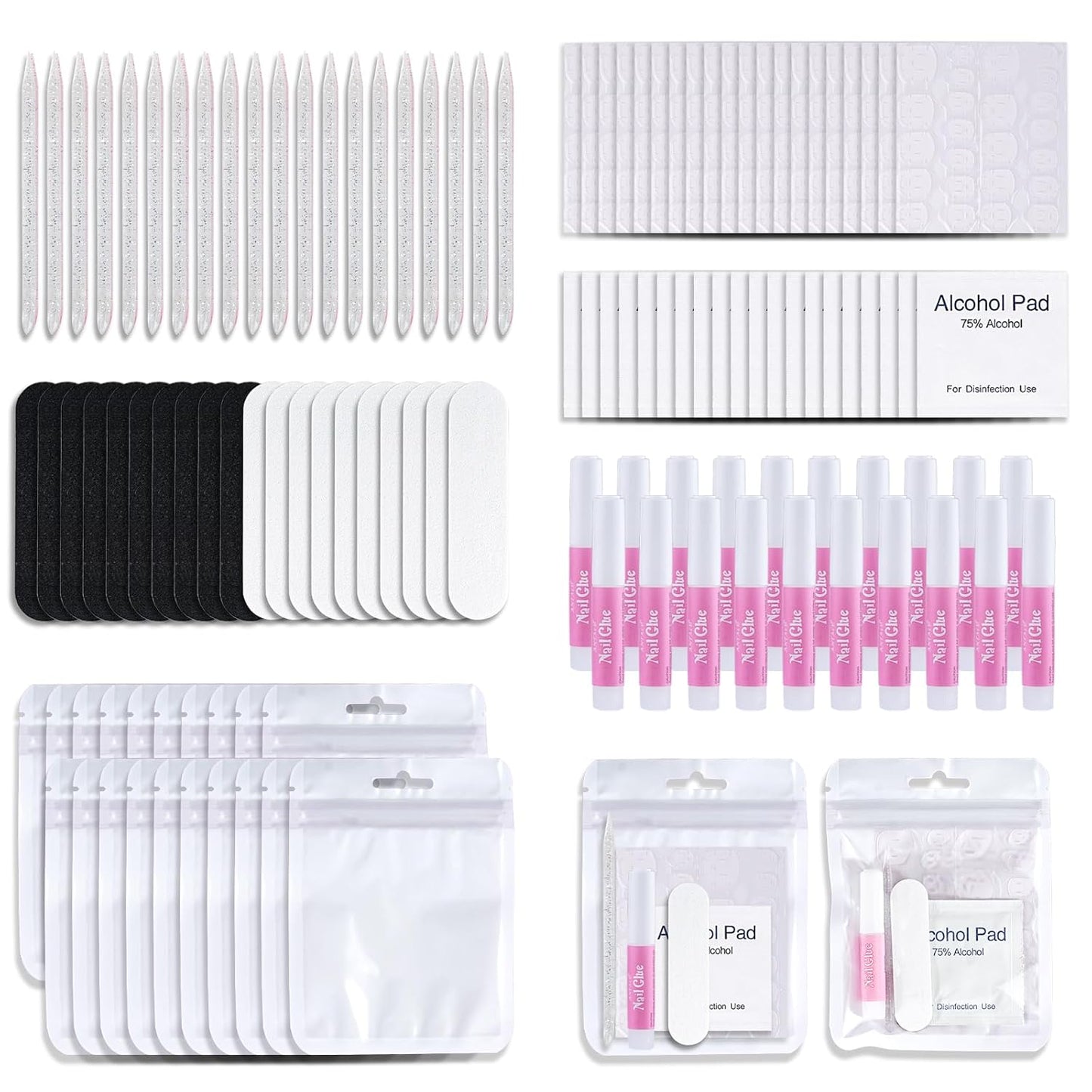 Press On Nail Tool Kit with Everything, Bebbtiy Press On Nail Prep Tool Kit Disposable Manicure Kit with Nail File, Nail Glue, Prep Pads, Adhesive Nail Tabs, Wood Stick, Packaging Bag (20pcs-white)