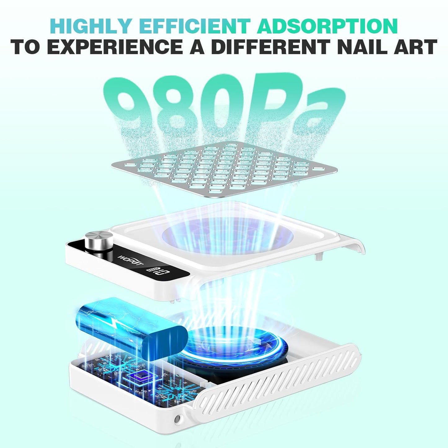 Rechargeable Nail Dust Collector, 980PA Portable Cordless Nail Vacuum Dust Collector Fan with Filter Papers (30 Pcs) for Acrylic Nail Polishing & Manicure Pedicure at Nail Salon & Home - White