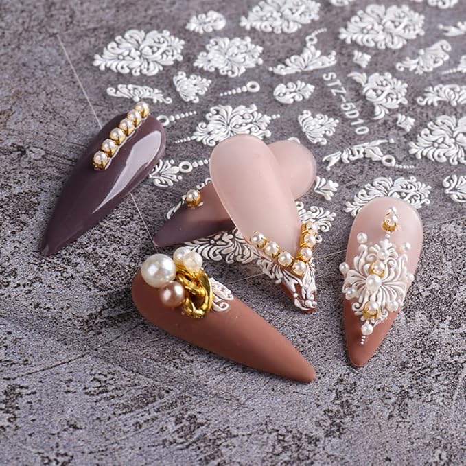 Flower Nail Stickers - 5D White Flowers Nail Art Decals Self-Adhesive Embossed Floral Rose Nail Art Supplies French Nail Designs DIY Wedding Manicure Decorations for Women Girls - 4 Sheets