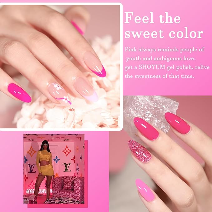 Pink Gel Nail Polish Set, Light/Hot Pink Cherry Blossom Strawberry All Seasons Soak Off Long Lasting Romantic 10 Colors Starter Kit DIY Home Gift for Girlfriend Woman Beginners