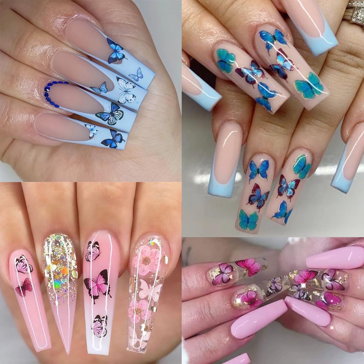 6Pcs Butterfly Nail Stickers for Nail Art Spring Flower Nail Decals French Tip Nail Art Stickers Retro Blue Pink Butterflies Floral Nail Design Supplies Cute Nail Decoration for Acrylic Nails Charm