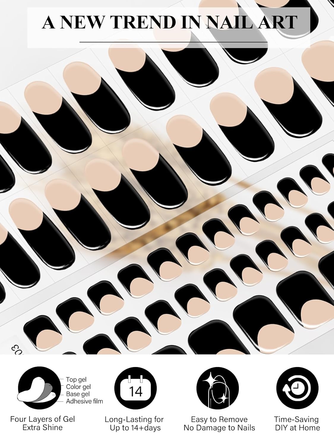 EBANKU 52Pcs Semi-Cured Gel Nail Strips Toes, Black Deep French Gel Nail Strips for Toes, Long-Lasting French Manicure Stickers Salon Nails at Home Requires UV Light with Nail File&Stick