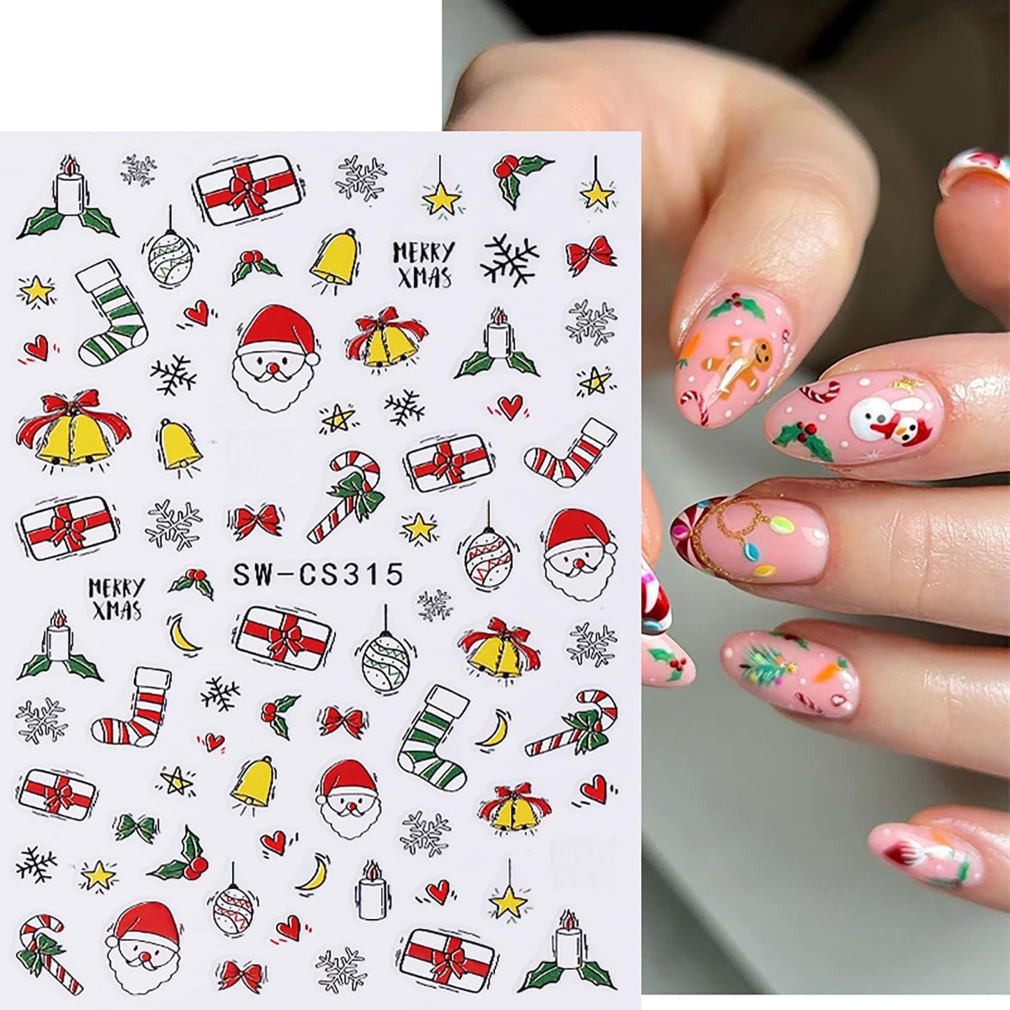 6 Sheets Christmas Nail Stickers for Nail Art Cute Xmas Candy Gingerbread Men Santa Claus Nail Decals 3D Self-Adhesive Bell Christmas Tree Nail Design Winter Snowflake Nail Art Stickers for Women