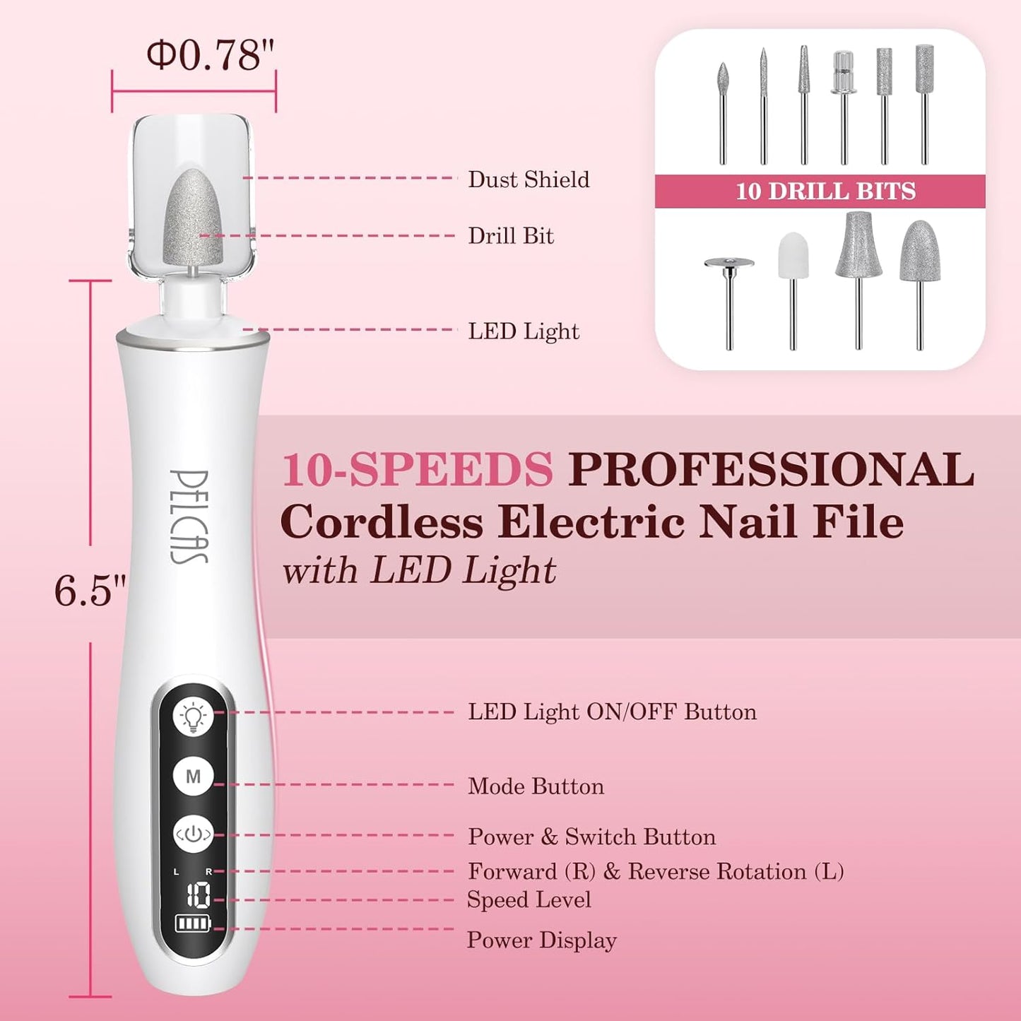 PELCAS Cordless Nail Drill, 10 Speeds Professional Electric Nail File with LED Light Portable Electric Toenail Files with LCD Screen for Thick Nails, Acrylic Nails, Polishing, Nail Art