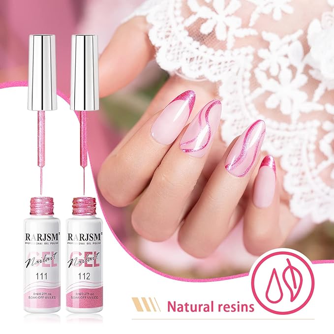 RARJSM Metallic Gel Liner Nail Art Pink,Glitter Painting Gel Nail Polish 2PCS Set,Mirror Chrome Hot Pink Drawing Line Art Gel with Thin Brush Nail Design Line Wire Curing Requires 8ml DIY Manicure
