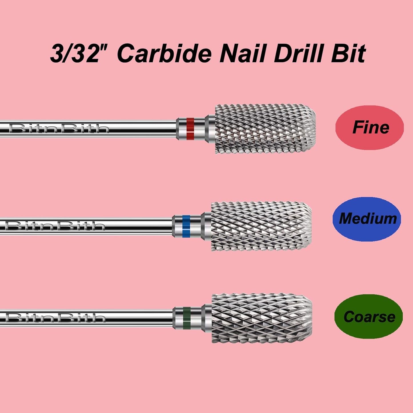 Nail Drill Bit 3/32”Fast Remove for Acrylic or Hard Gel,Barrel Electric Nail File Carbide Bit for Nail Cuticle Gel Dipping Powder Polishing, Professional Manicure Pedicure Nail Art Tool,Fine