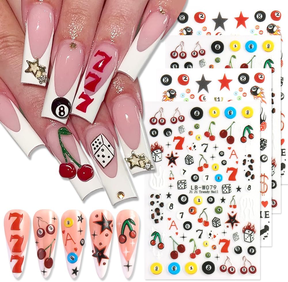 4 Sheets Pool & Dice Nail Art Stickers Decals, Cute Cartoon Style Dice Billiard Numbers Cherry Star Nail Art Design 5D Embossed Self-Adhesive Nail Decals Manicure Decorations for Women Girls