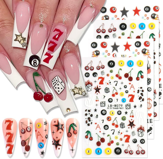 4 Sheets Pool & Dice Nail Art Stickers Decals, Cute Cartoon Style Dice Billiard Numbers Cherry Star Nail Art Design 5D Embossed Self-Adhesive Nail Decals Manicure Decorations for Women Girls