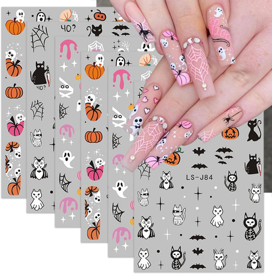 6 Sheets Halloween Nail Art Stickers 3D Cute Ghost Nail Decals Pumpkin Skull Cat Spooky Spider Web Bat Self-Adhesive Design Gothic Nail Stickers Nail Art Supplies for Women Acrylic Nails Decorations