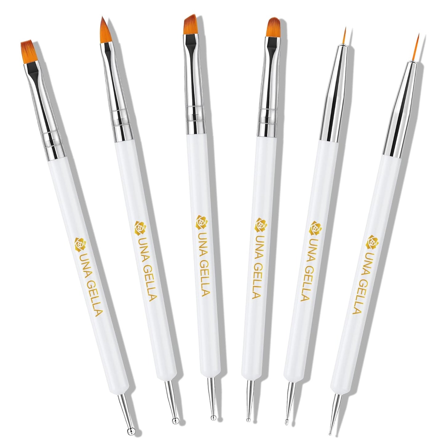UNA GELLA Nail Art Brushes Set 6PCS White Color Nail Design Painting Brush Set Nail Dotting Tools Double-headed Nail Art Builder Gel Polish Liner Brushes for DIY Nail Drawing Supplies