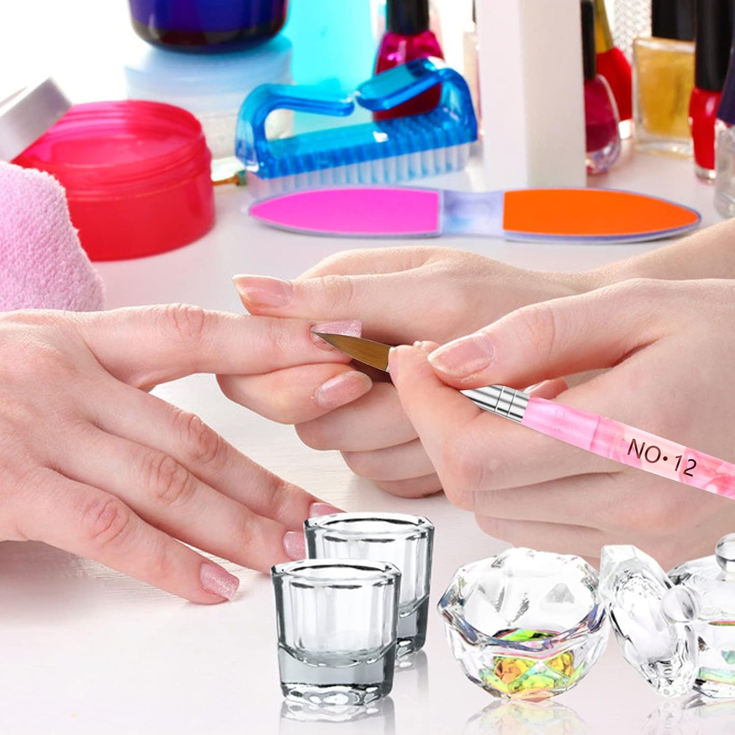 Acrylic Nail Brush Dappen Dish Set, 6PCS Nail Art Pen and 4PCS Crystal Dappen Dish, Manicure Bowl Cup Glass Container for Acrylic Liquid Nail Tool Kit (Pink)