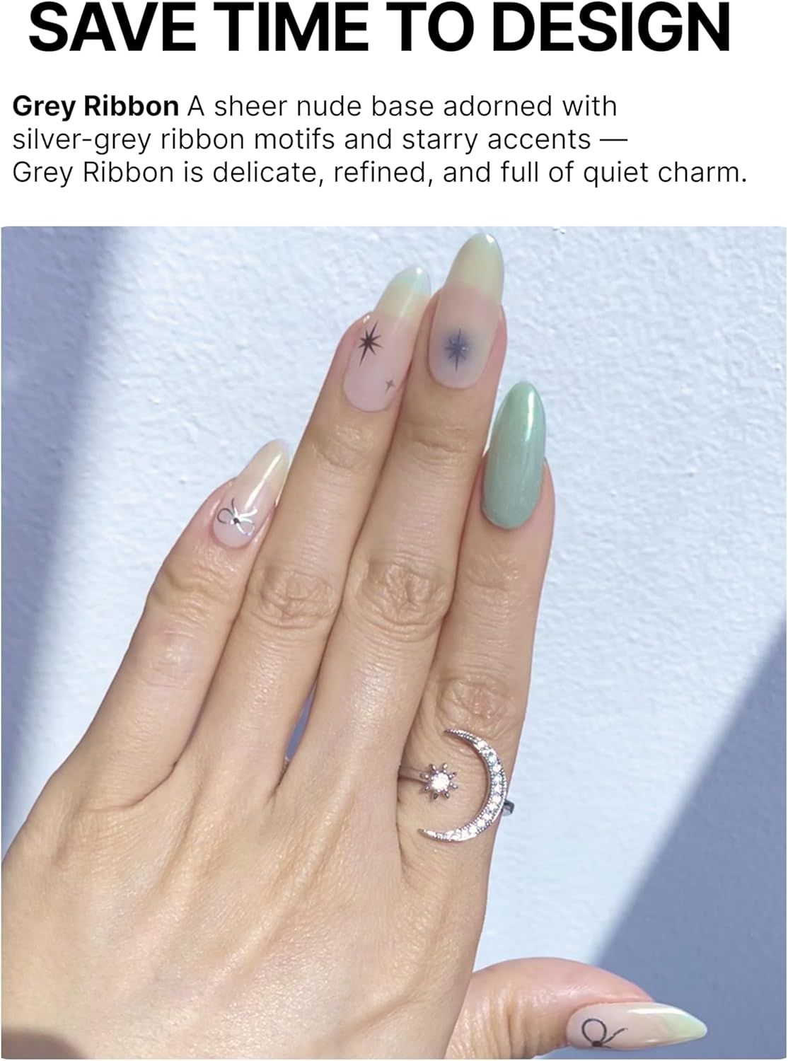 UUUUUU Semi Cured Gel Nail Strips | Salon-Quality | UV Free Gel Nail Wraps for Women | Easy Peel&Stick | Long-Lasting up to 14 Days | 28 Strips Set+File & Wipes | Gift-Ready(UGN146 Grey Ribbon)