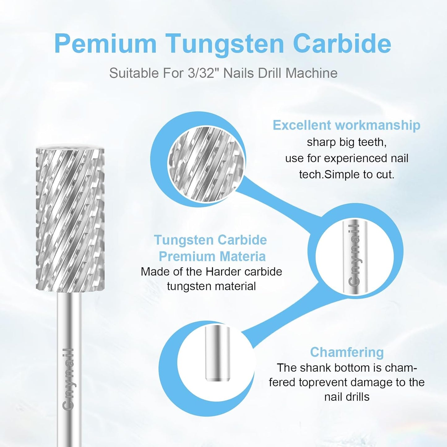 3/32" Large Barrel Bit Tungsten Carbide Nail Drill Bit Safety Bit for Gel & Acrylic Removal, 2- Way Rotating Efile Tip, Salon Electric File Accessory (2XC Girt, Silver)